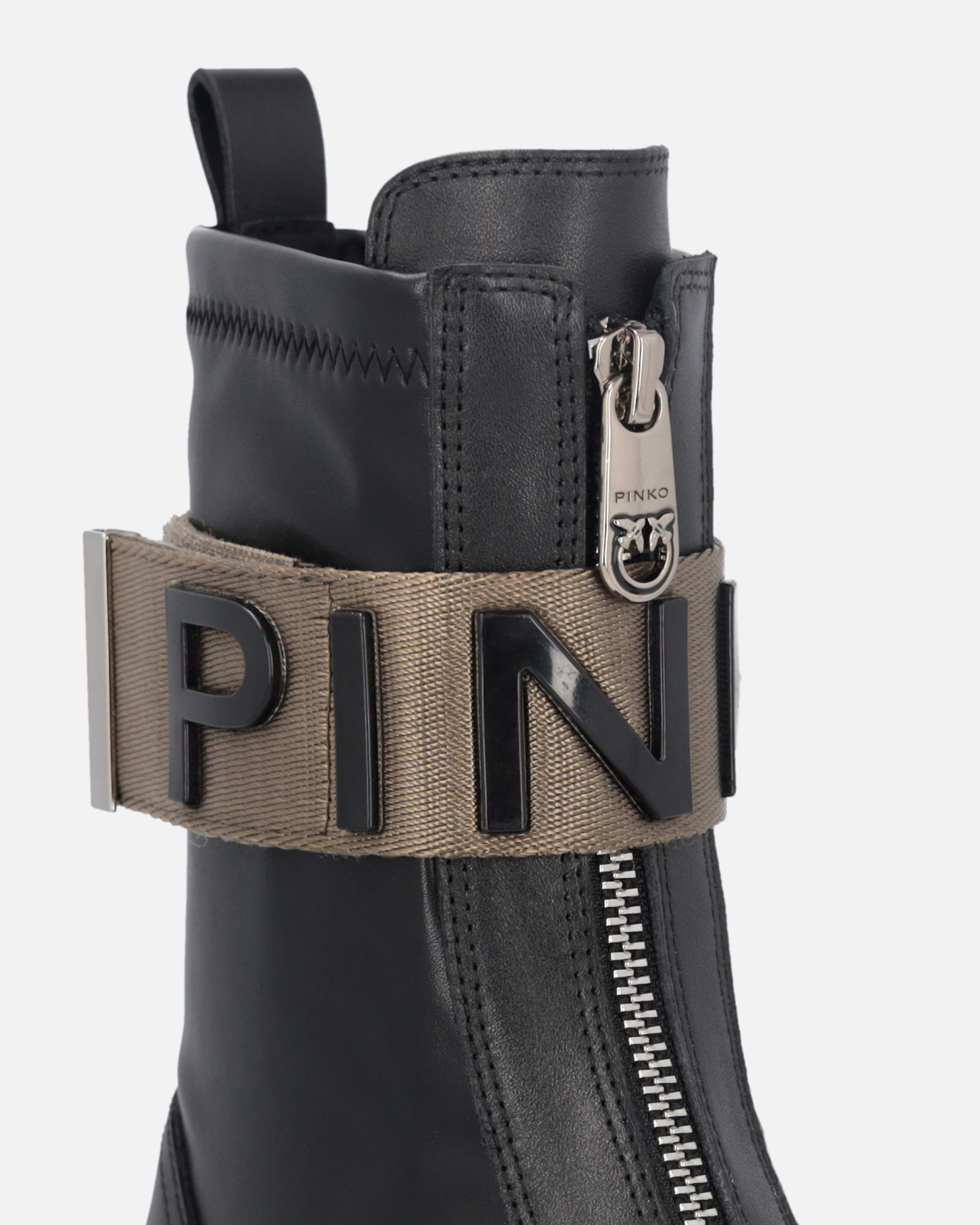 Pinko Leather Combat Boots With Branded Front Stretch Ribbon In Nero Limousine