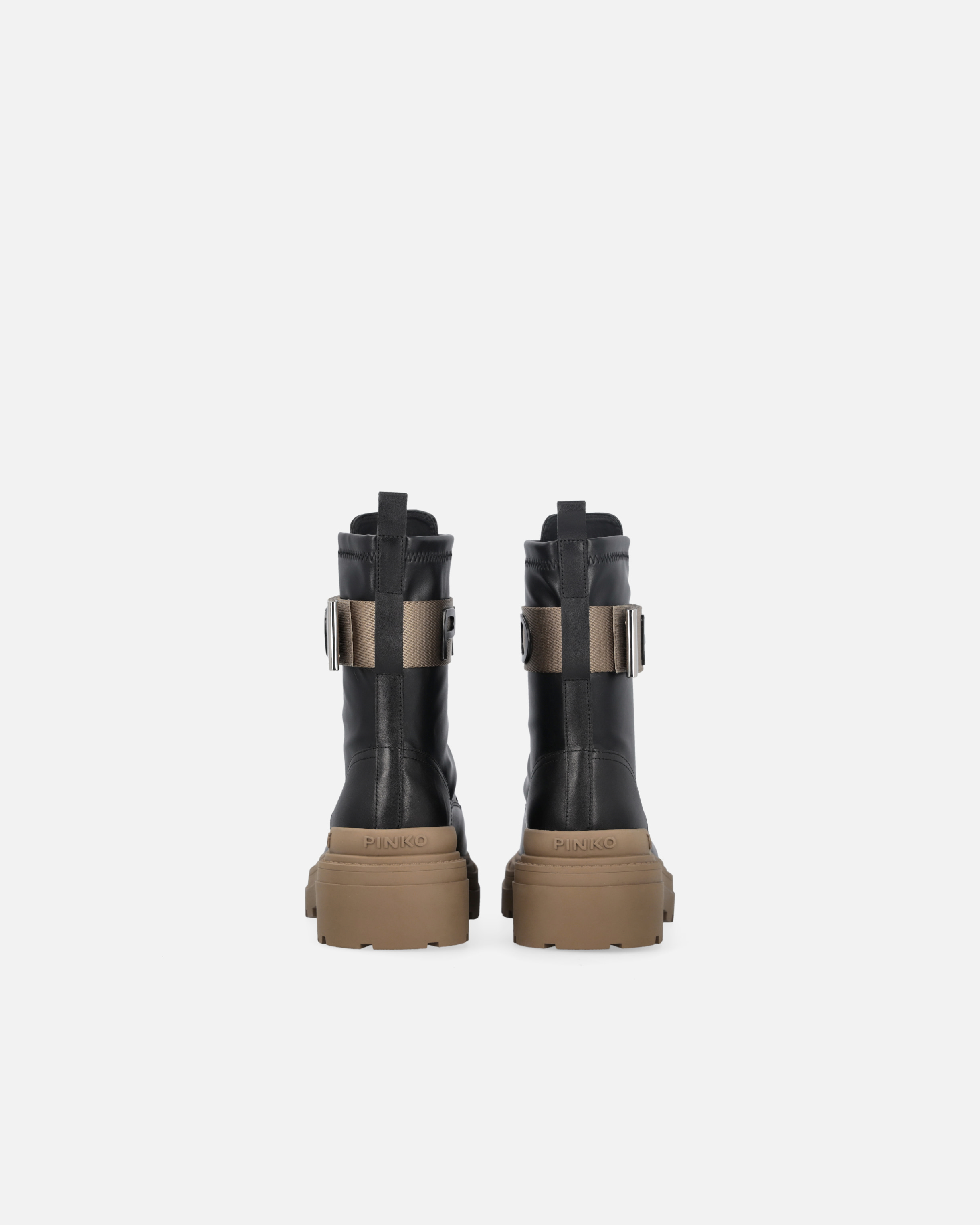 Pinko Leather Combat Boots With Branded Front Stretch Ribbon In Nero Limousine
