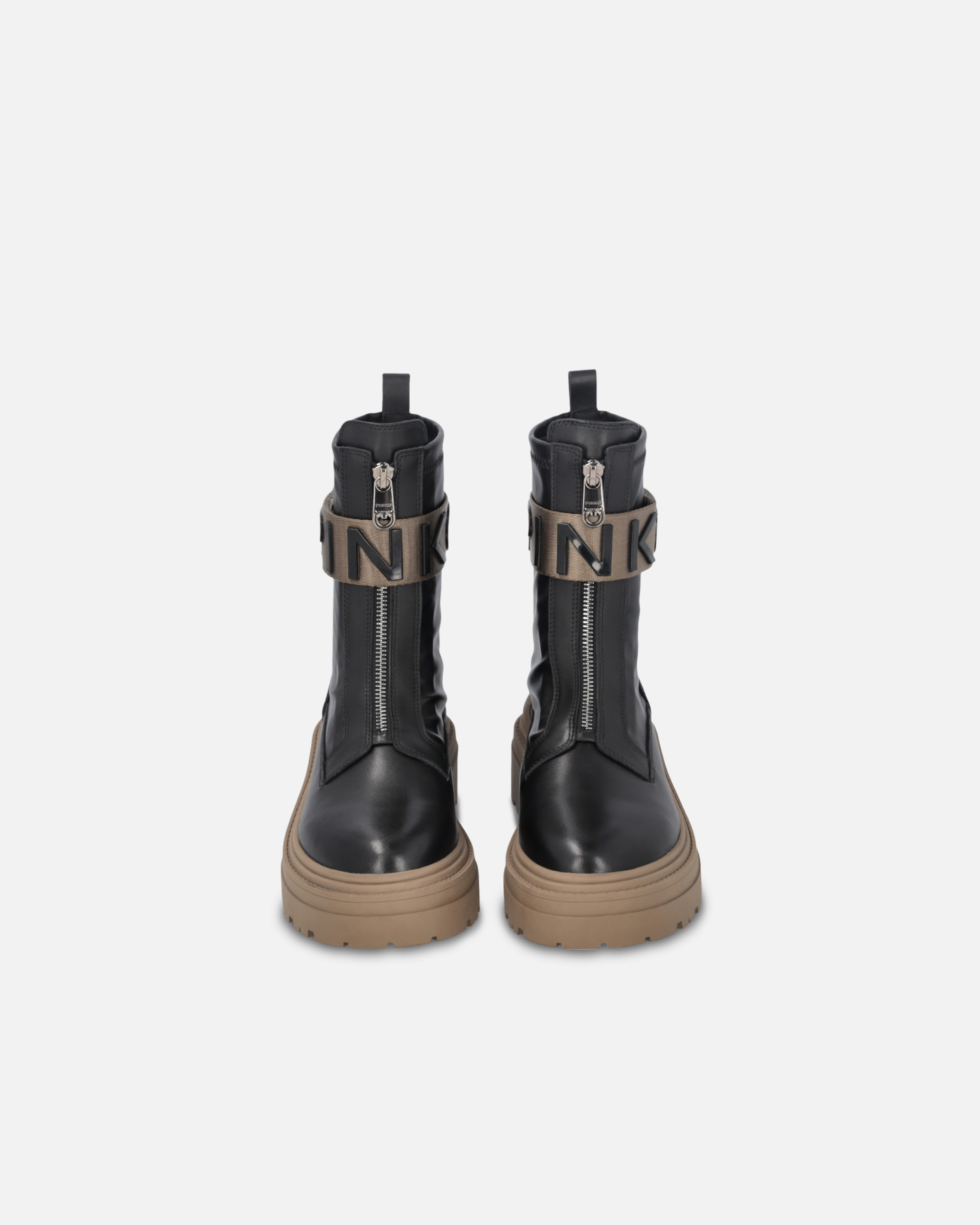 Pinko Leather Combat Boots With Branded Front Stretch Ribbon In Nero Limousine