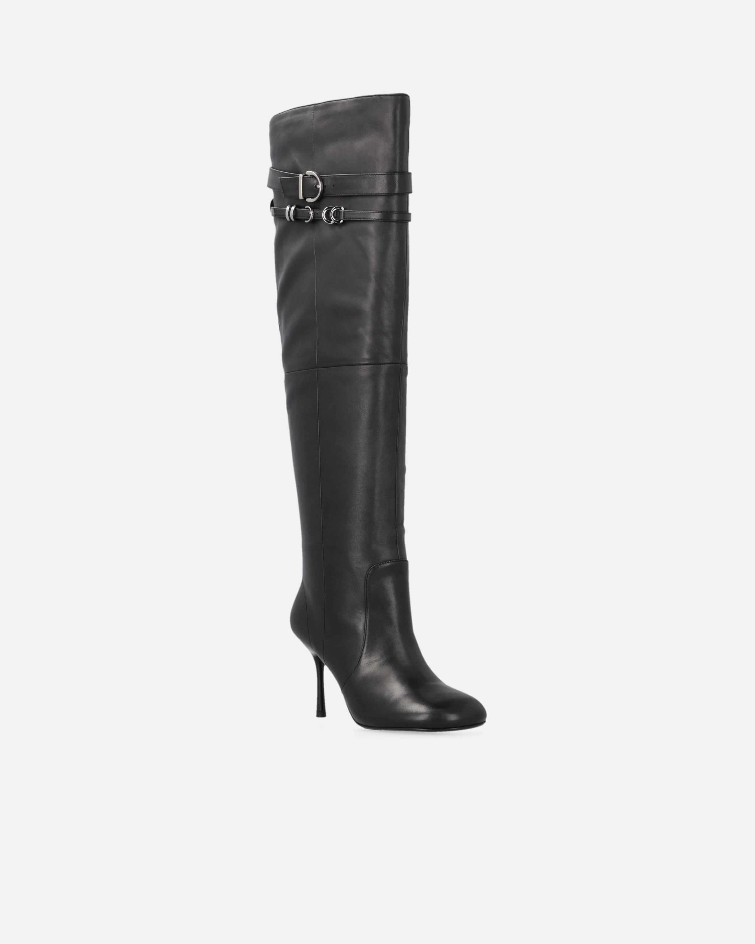 Pinko Knee-high Nappa Leather Boots With Heel And Strap In Noir Limousine