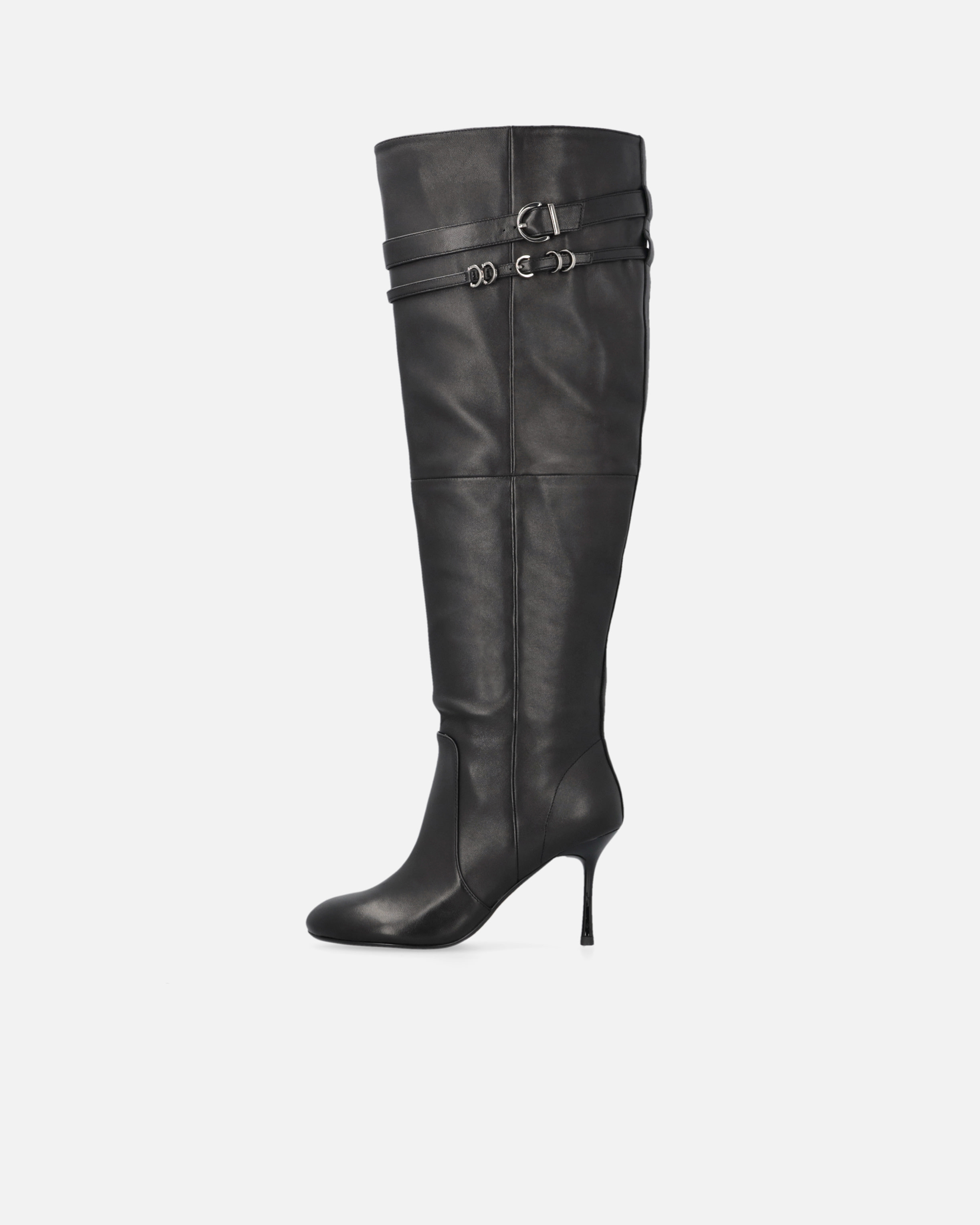 Pinko Knee-high Nappa Leather Boots With Heel And Strap In Noir Limousine