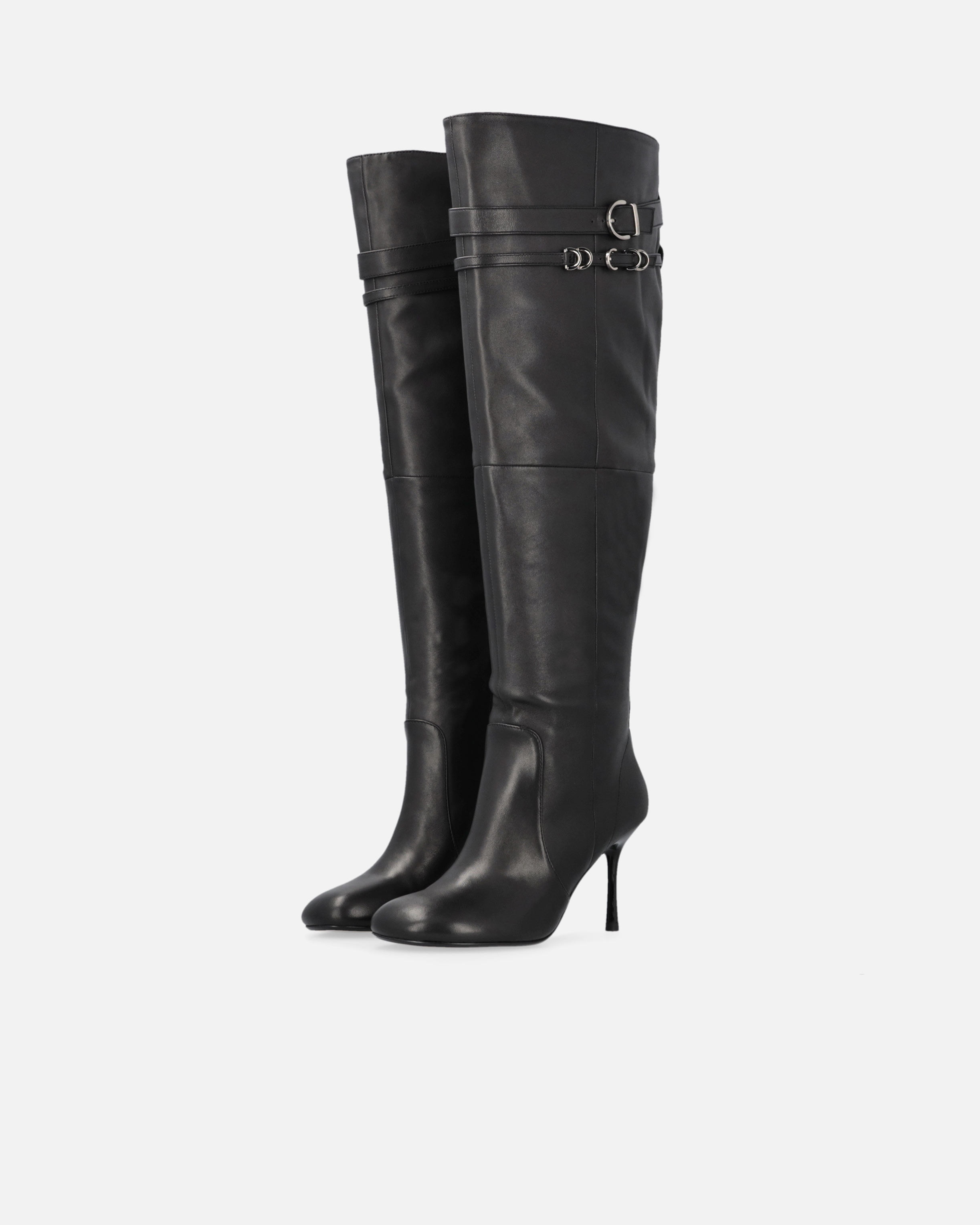 Pinko Knee-high Nappa Leather Boots With Heel And Strap In Noir Limousine