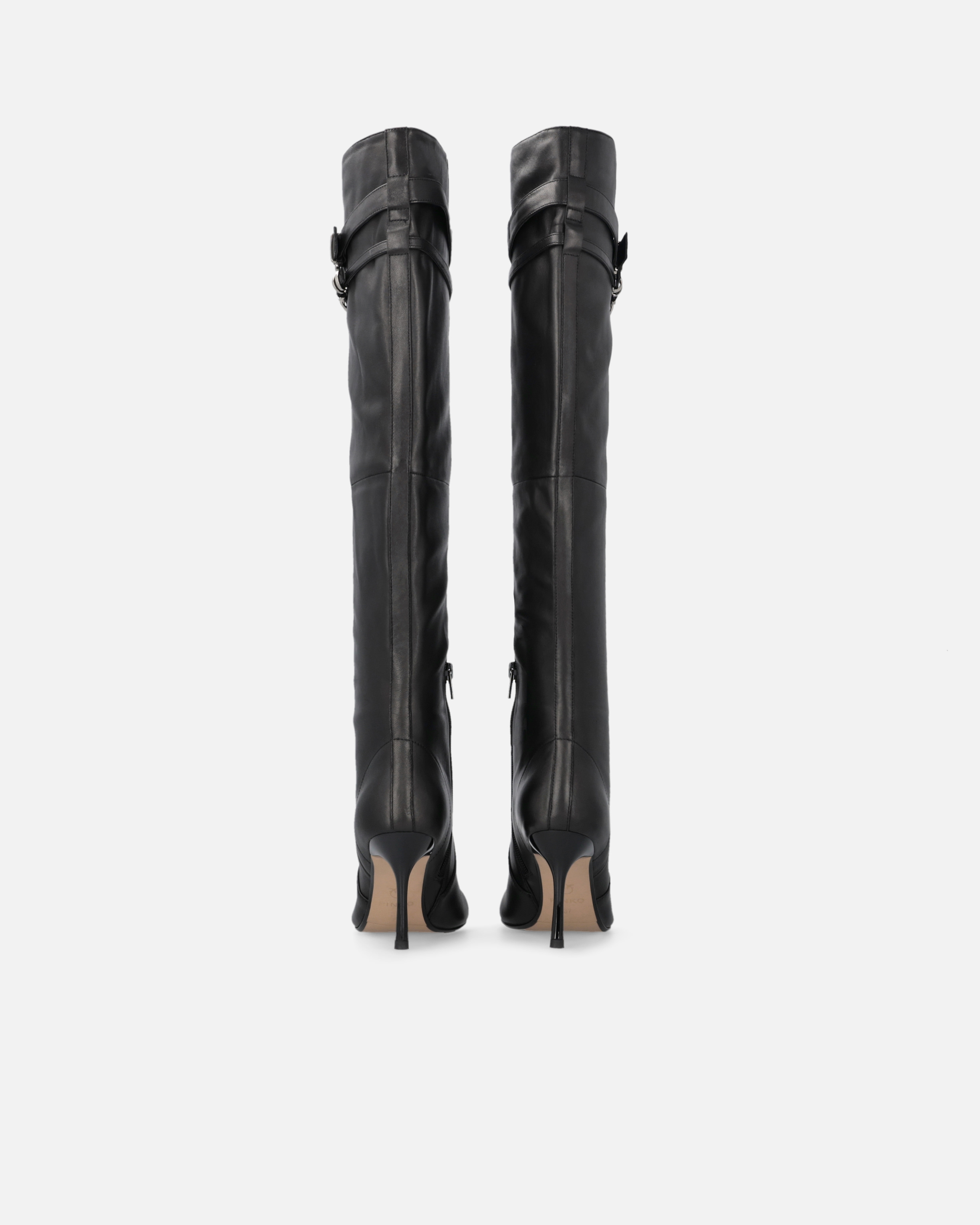 Pinko Knee-high Nappa Leather Boots With Heel And Strap In Noir Limousine
