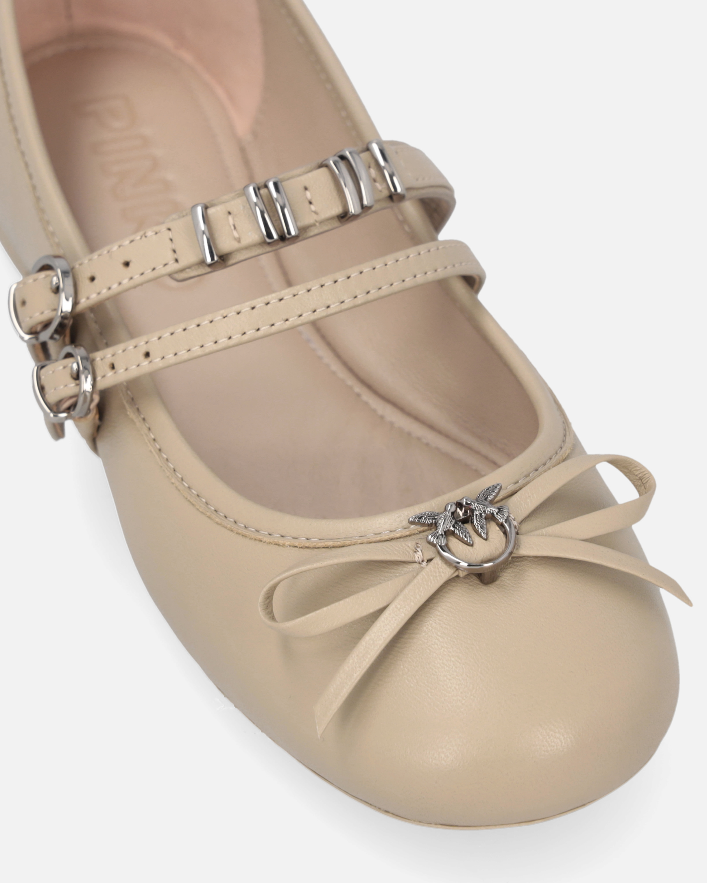 Pinko Nappa Leather Ballet Flats With Straps And Bow In Beige-corda
