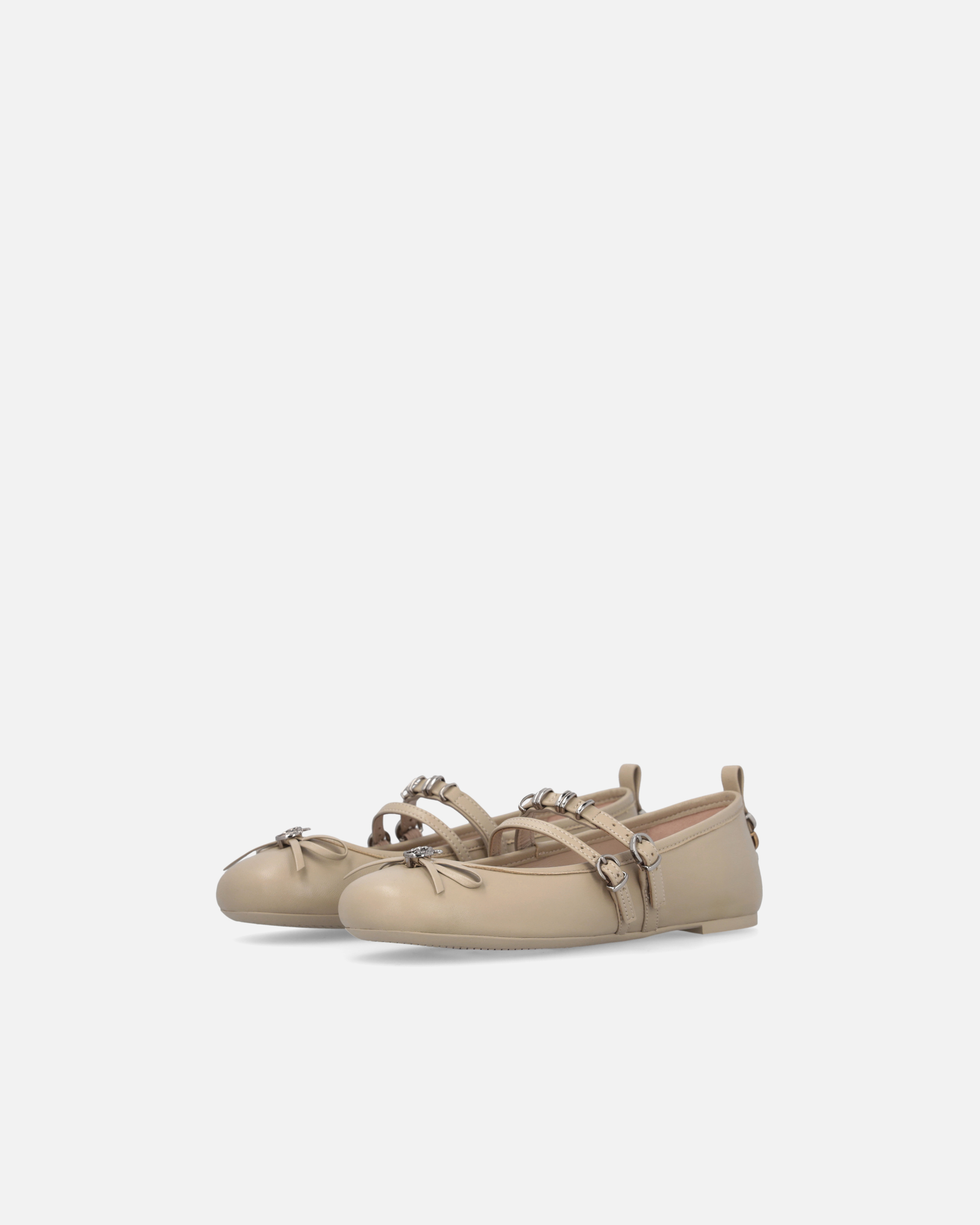 Pinko Nappa Leather Ballet Flats With Straps And Bow In Beige-corda