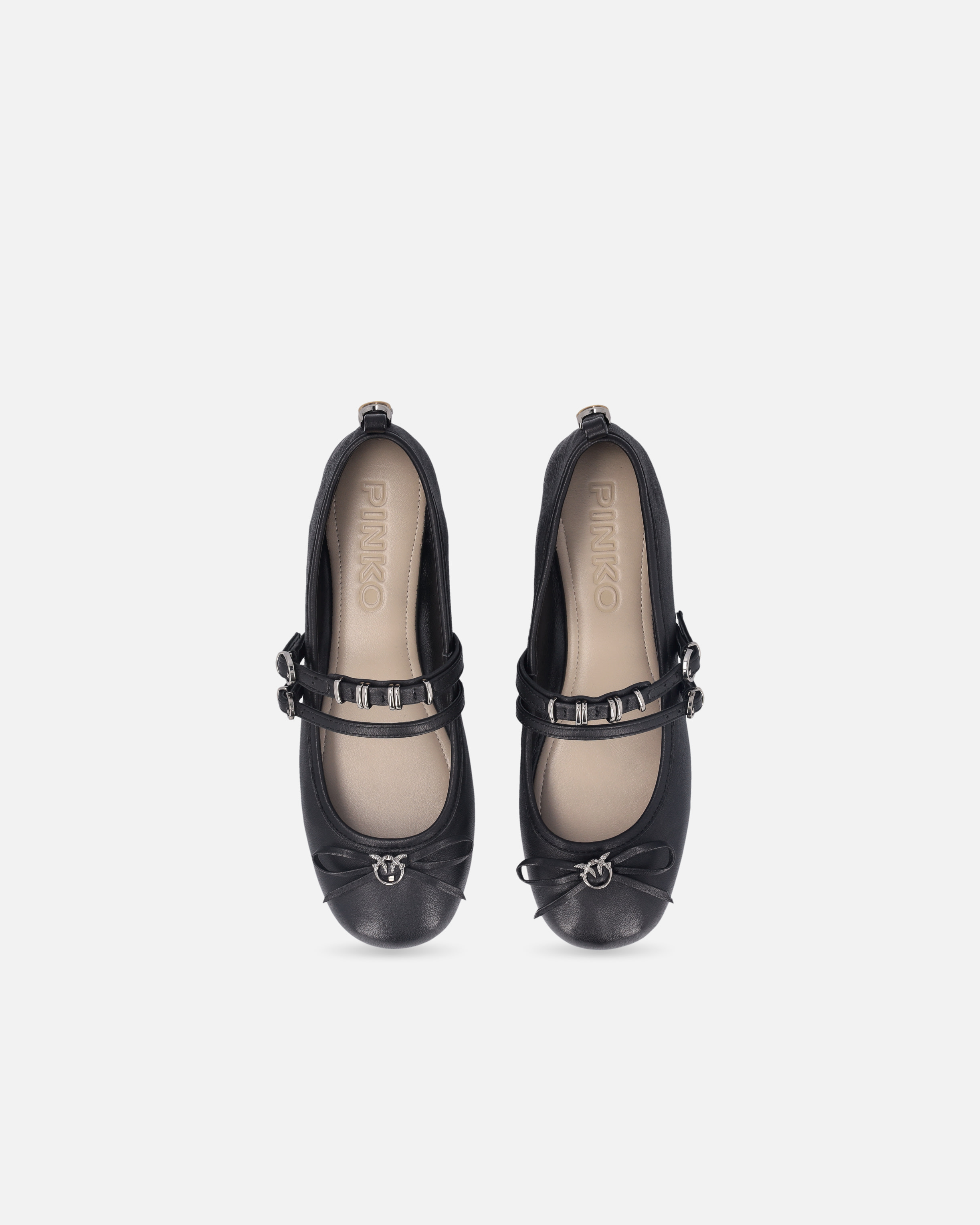 Pinko Nappa Leather Ballet Flats With Straps And Bow In Noir Limousine