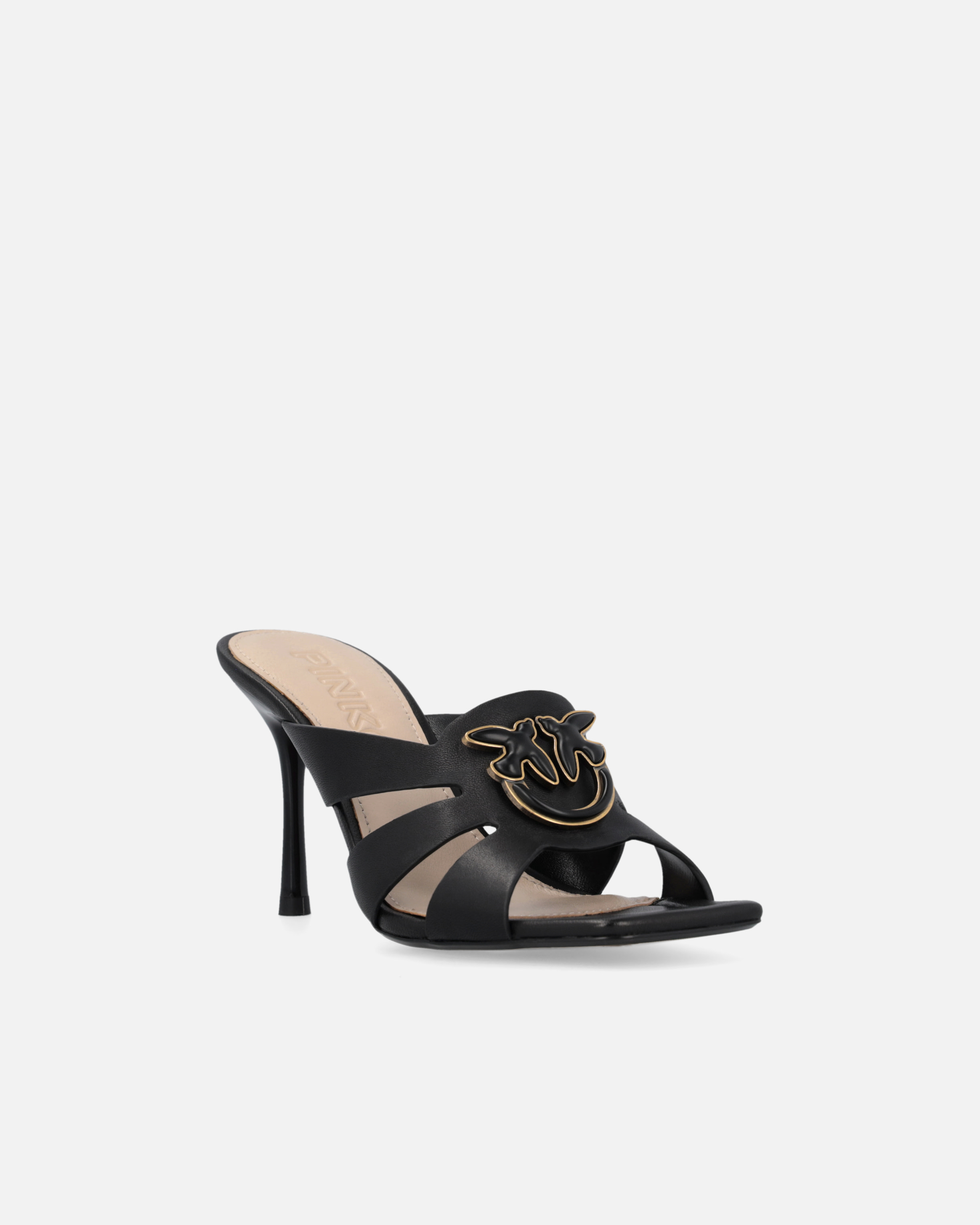 Pinko Nappa Leather Sandals With Heel And Bird Detail In Nero Limousine