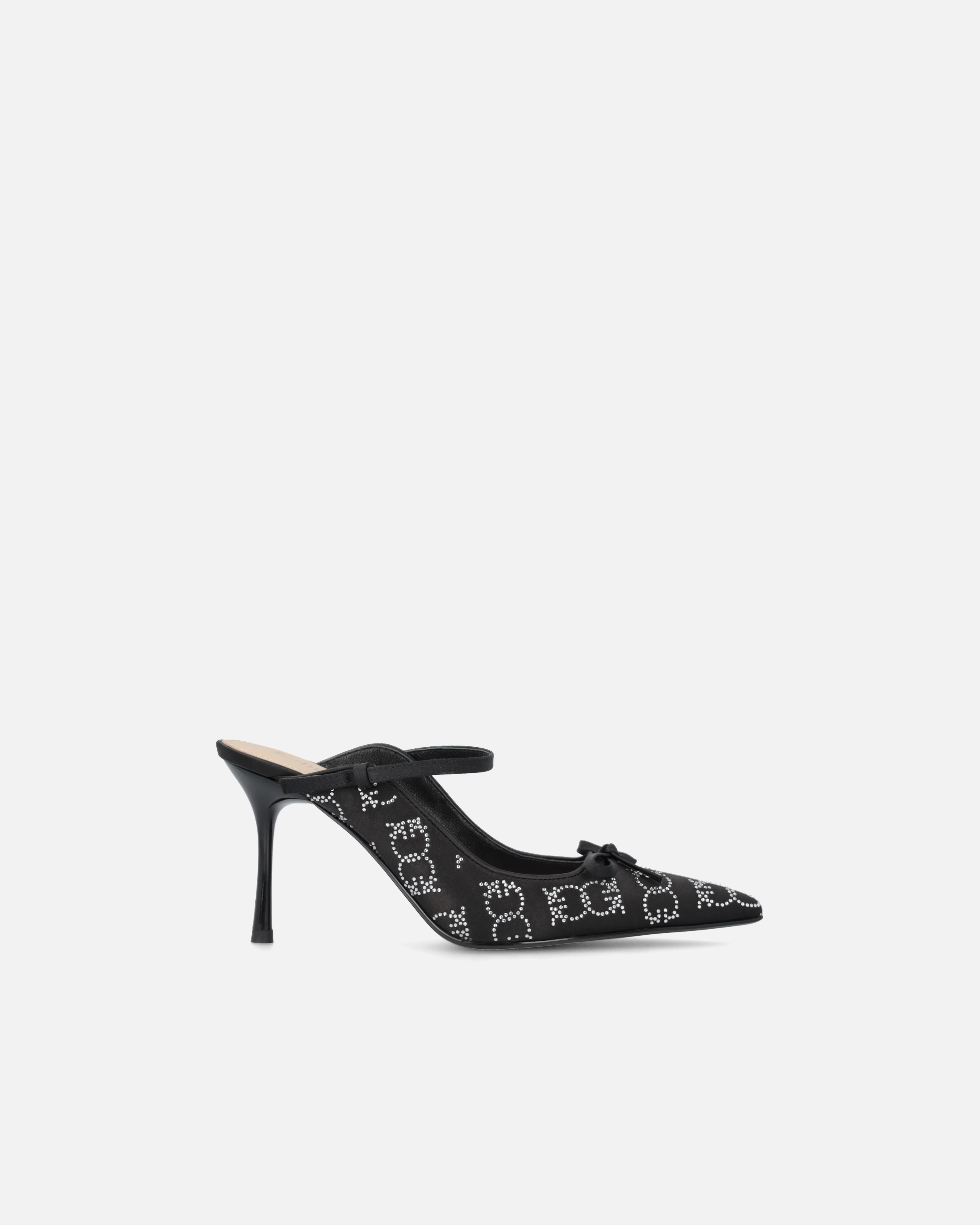 Pinko Satin And Rhinestone Heeled Slippers In Noir Limousine