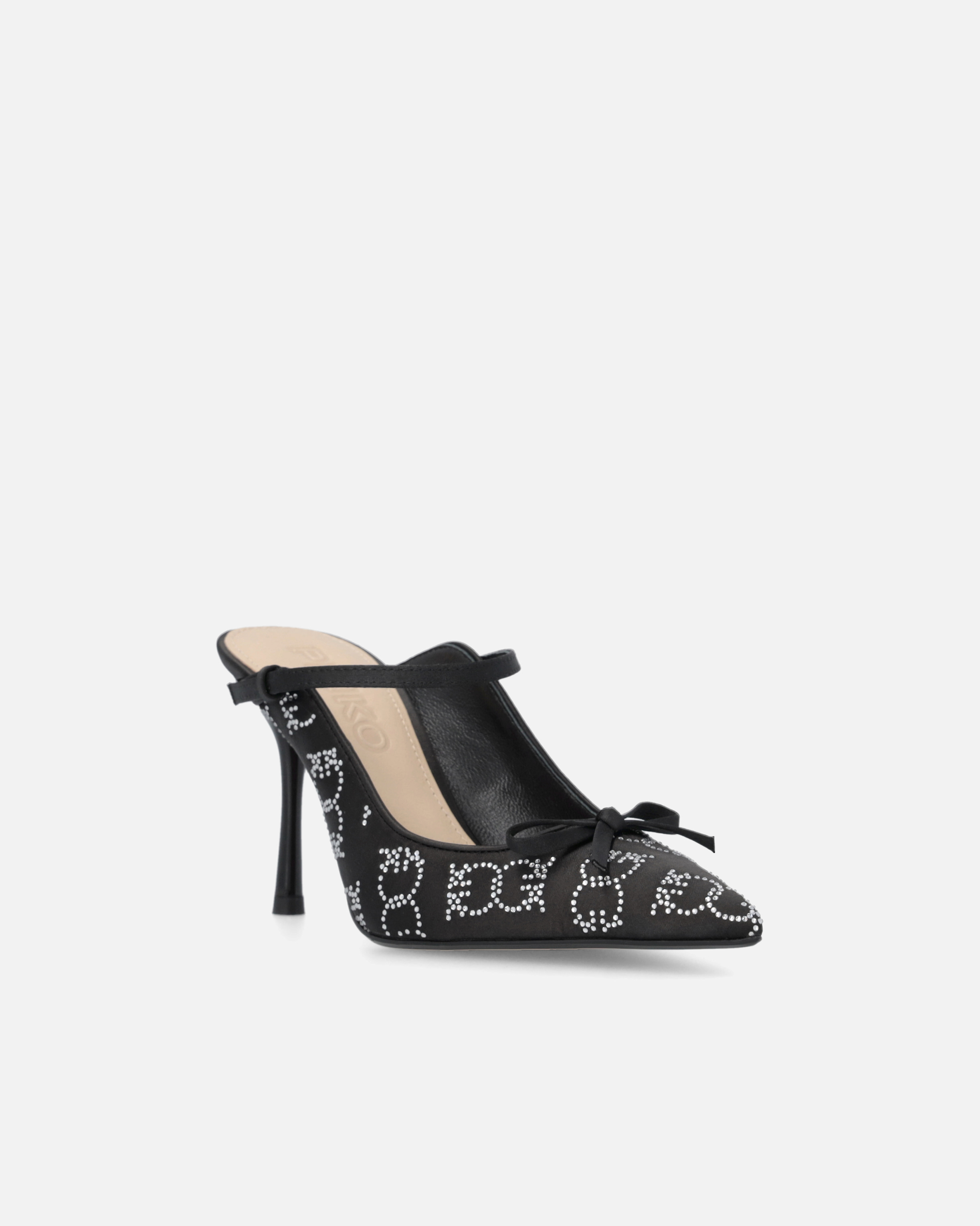 Pinko Satin And Rhinestone Heeled Slippers In Noir Limousine