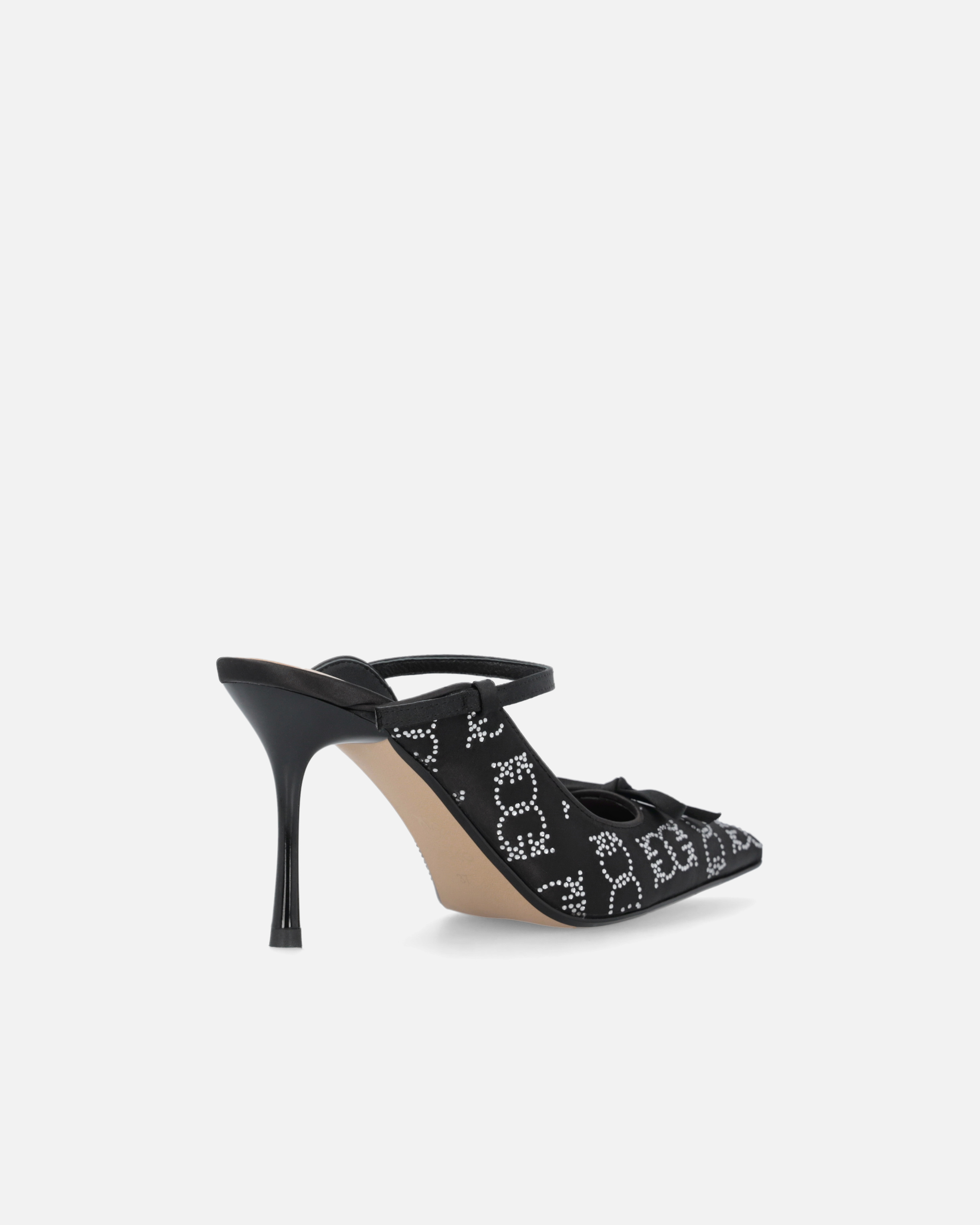 Pinko Satin And Rhinestone Heeled Slippers In Noir Limousine