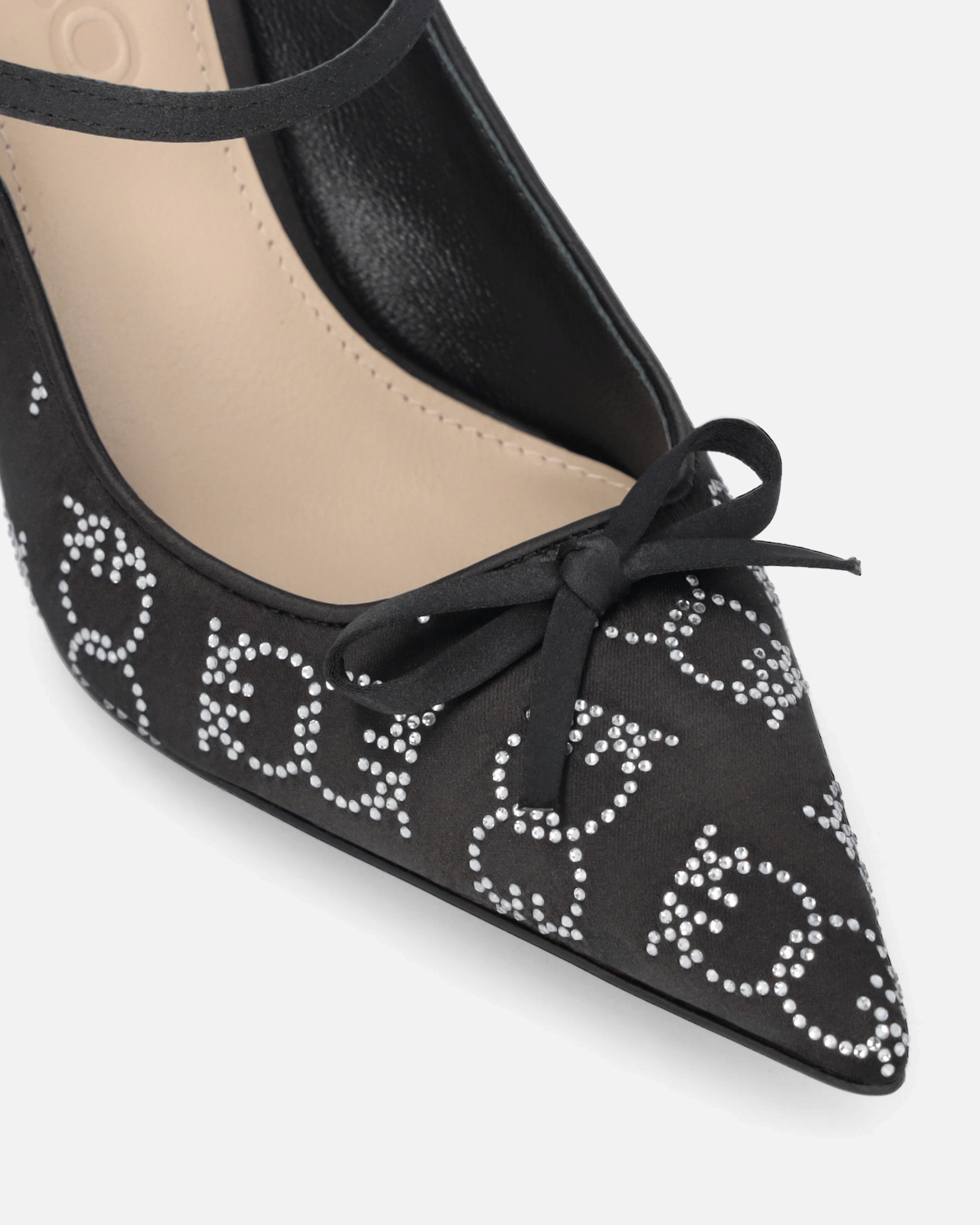 Pinko Satin And Rhinestone Heeled Slippers In Noir Limousine