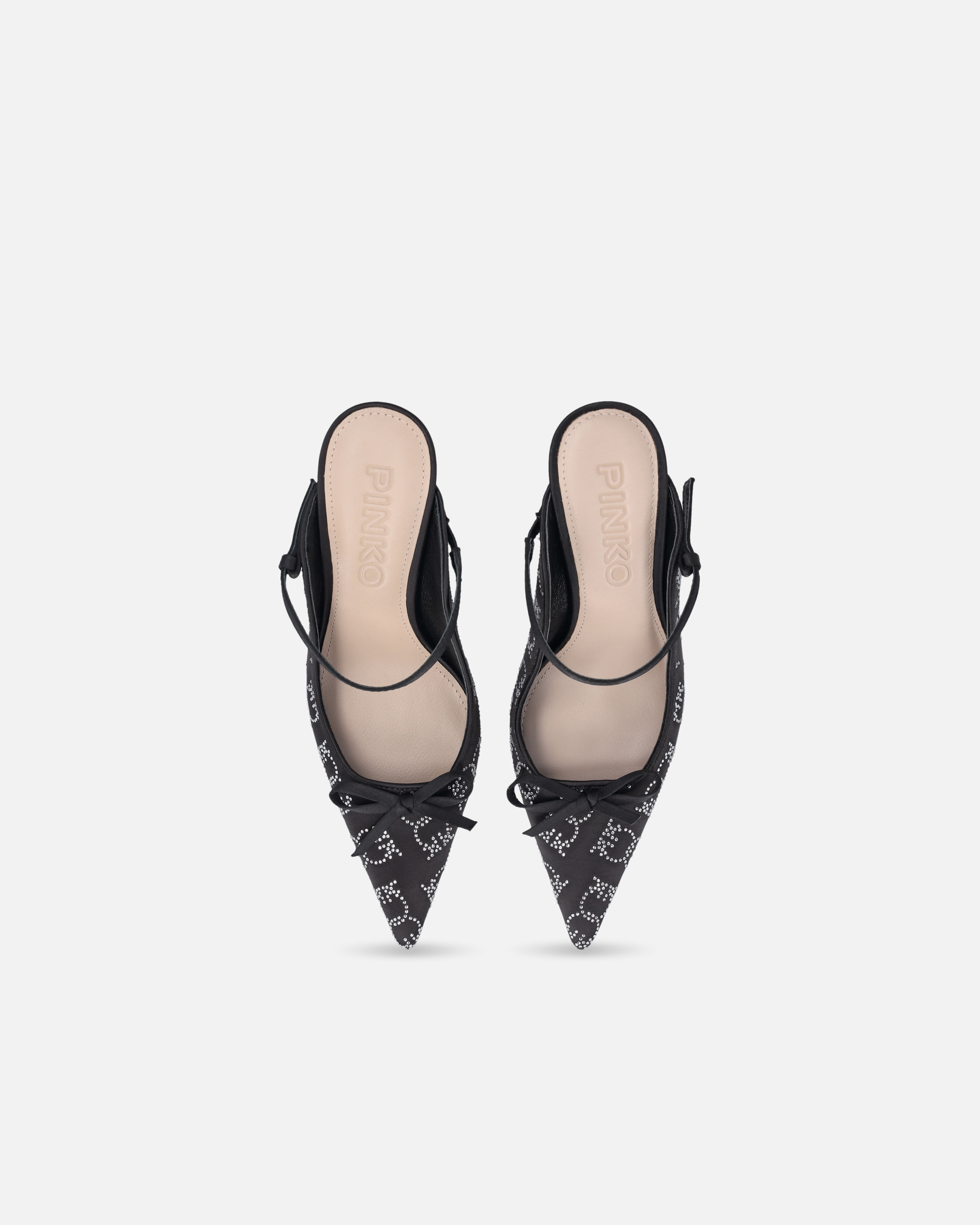 Pinko Satin And Rhinestone Heeled Slippers In Noir Limousine