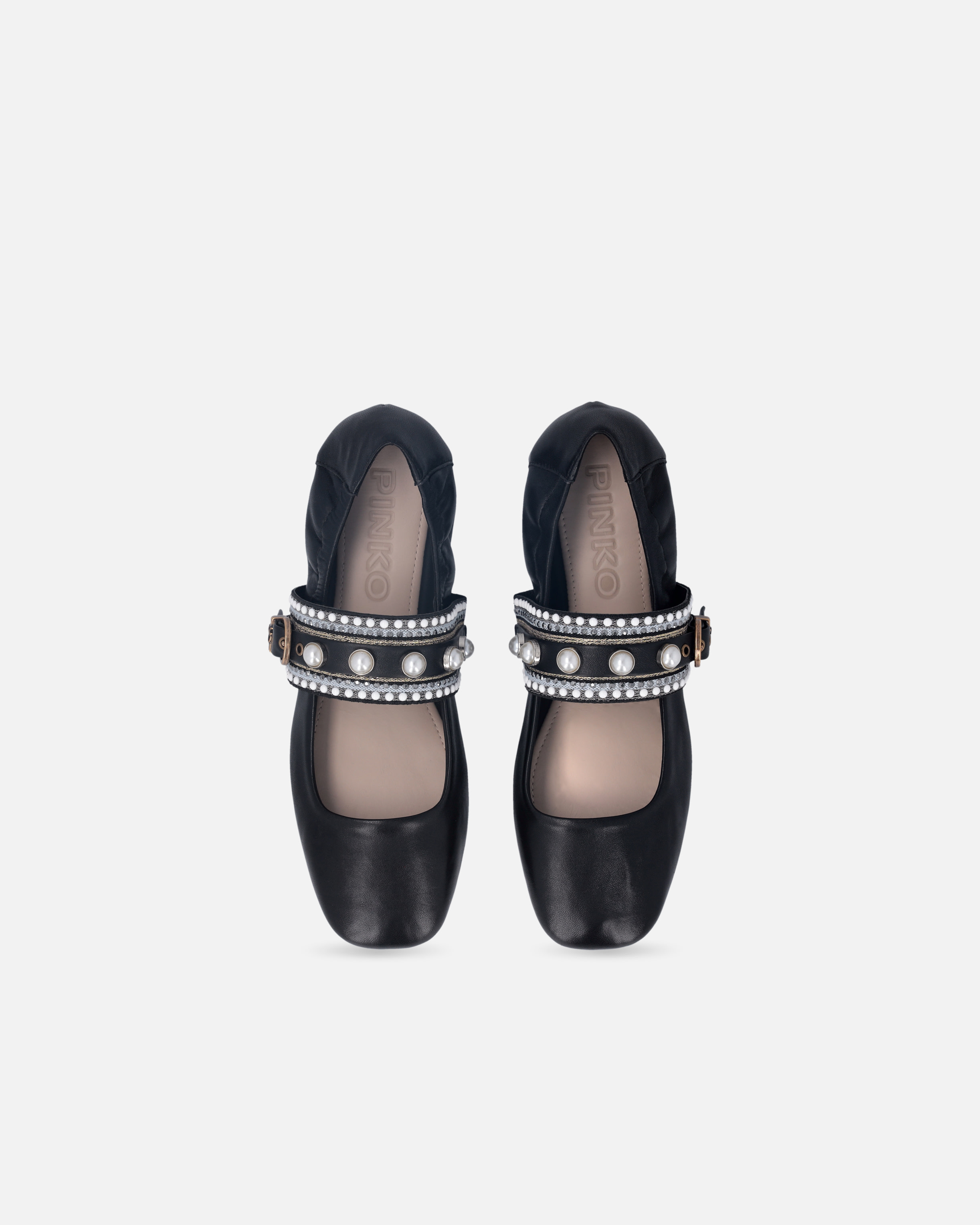 Pinko Flat Ballet Flats In Nappa Leather With Pearls In Black