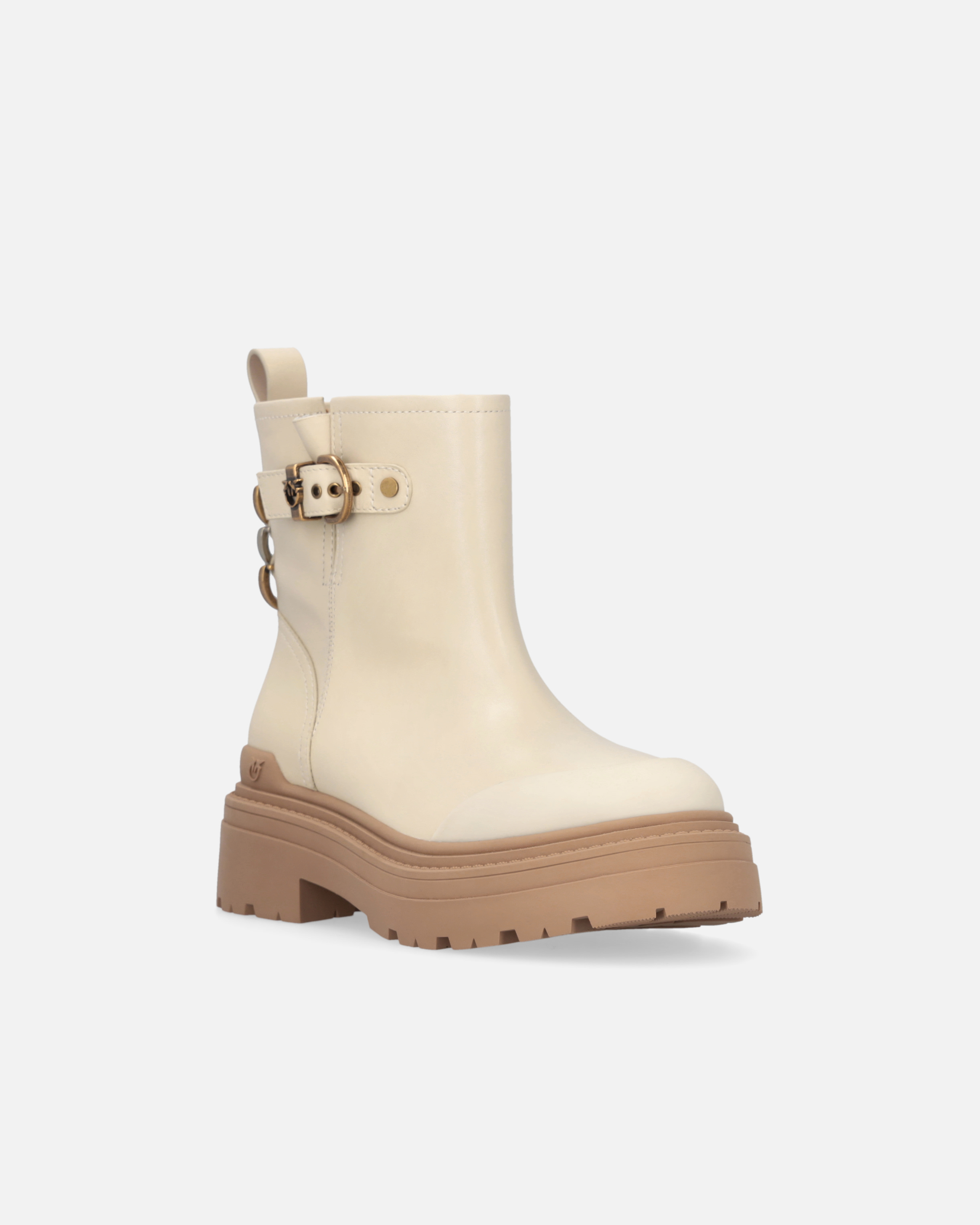 Pinko Leather Booties With Love Birds Logo In Neutral