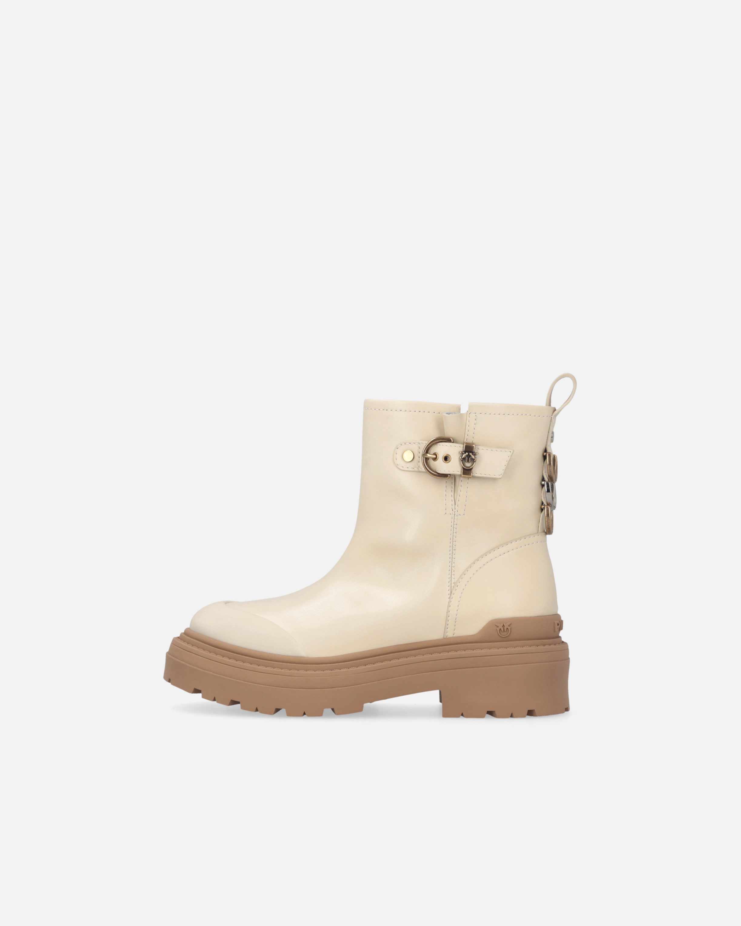 Pinko Leather Booties With Love Birds Logo In Neutral