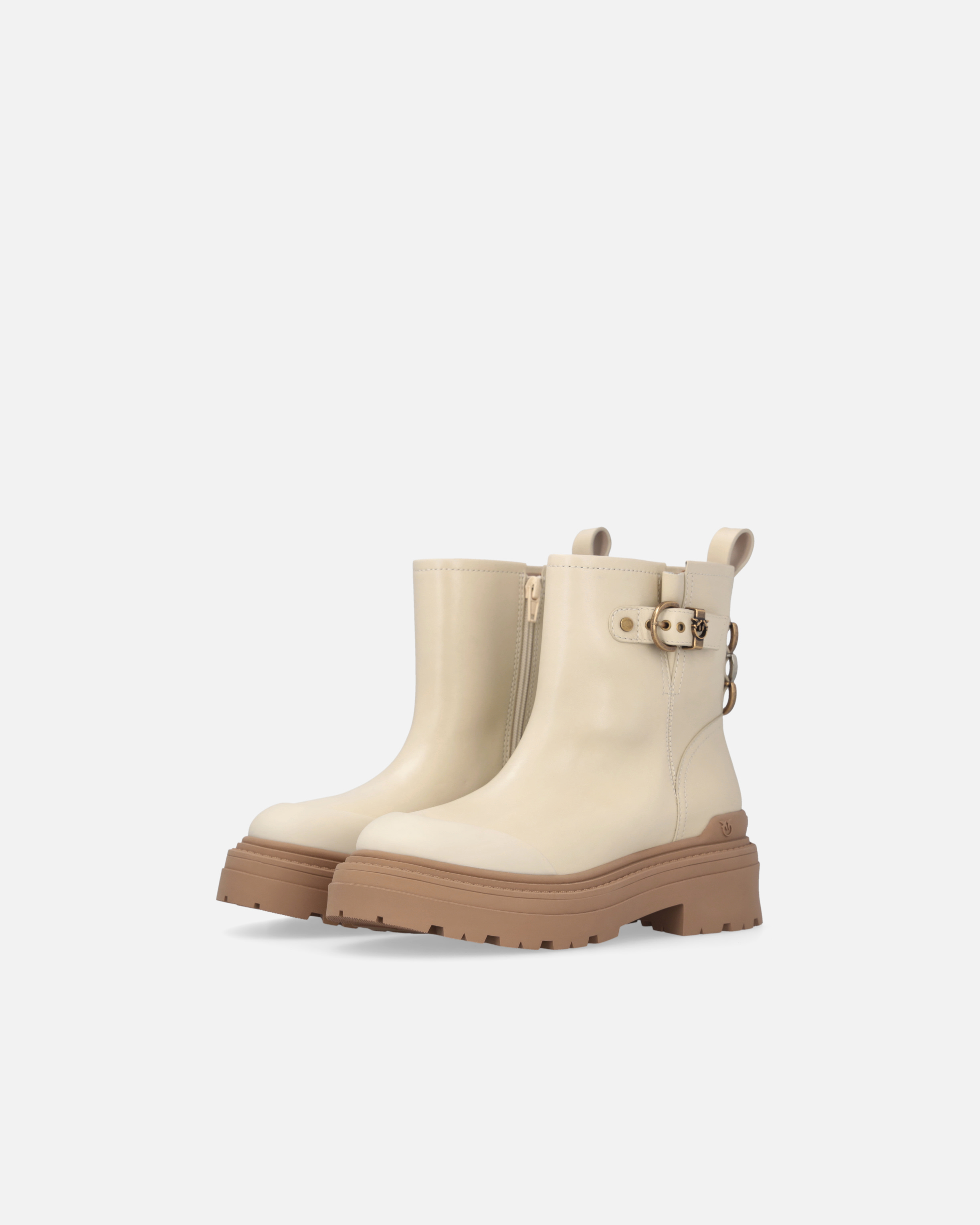 Pinko Leather Booties With Love Birds Logo In Neutral