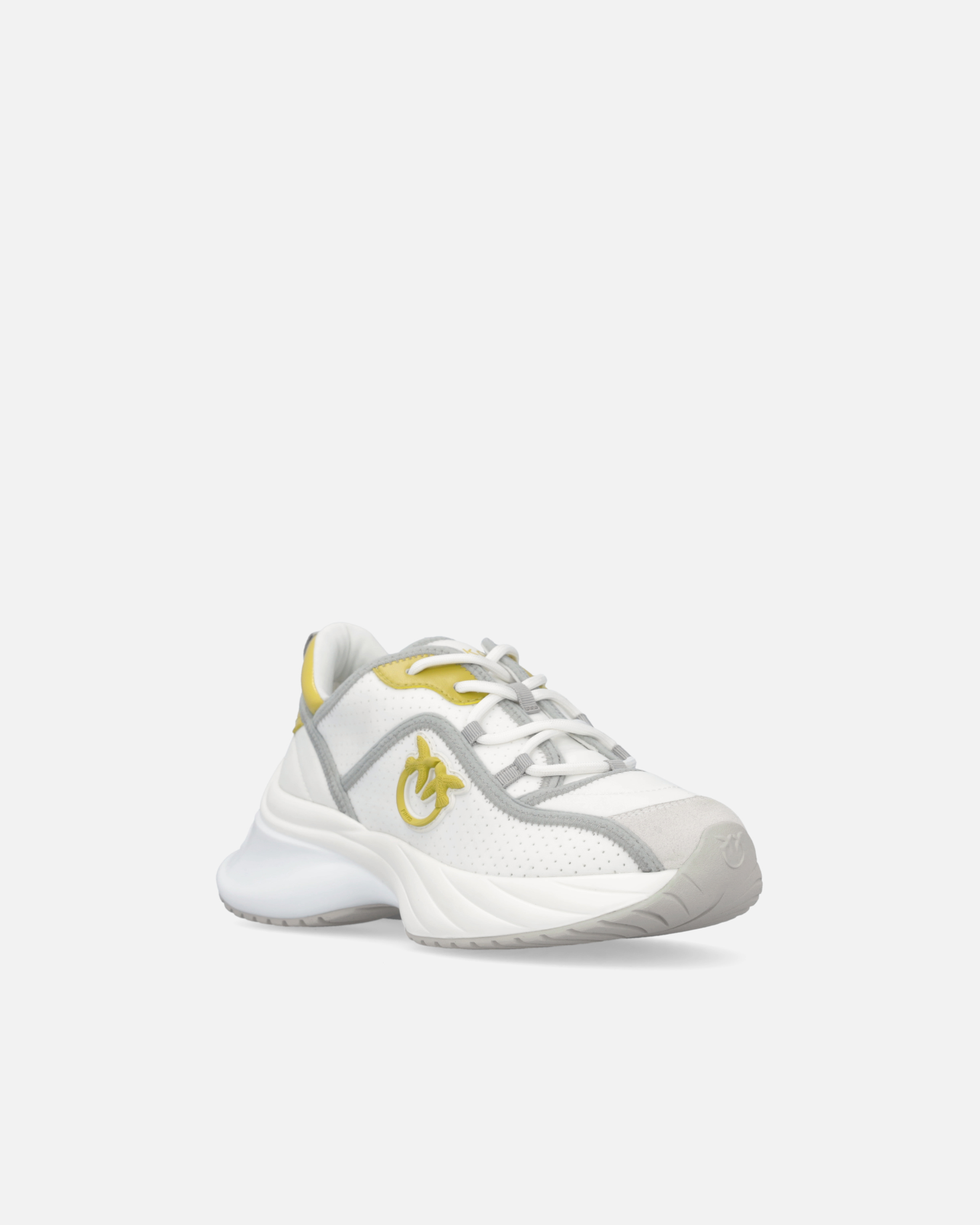 Pinko Perforated Ariel Sneakers With Bird Logo In Off White/lime