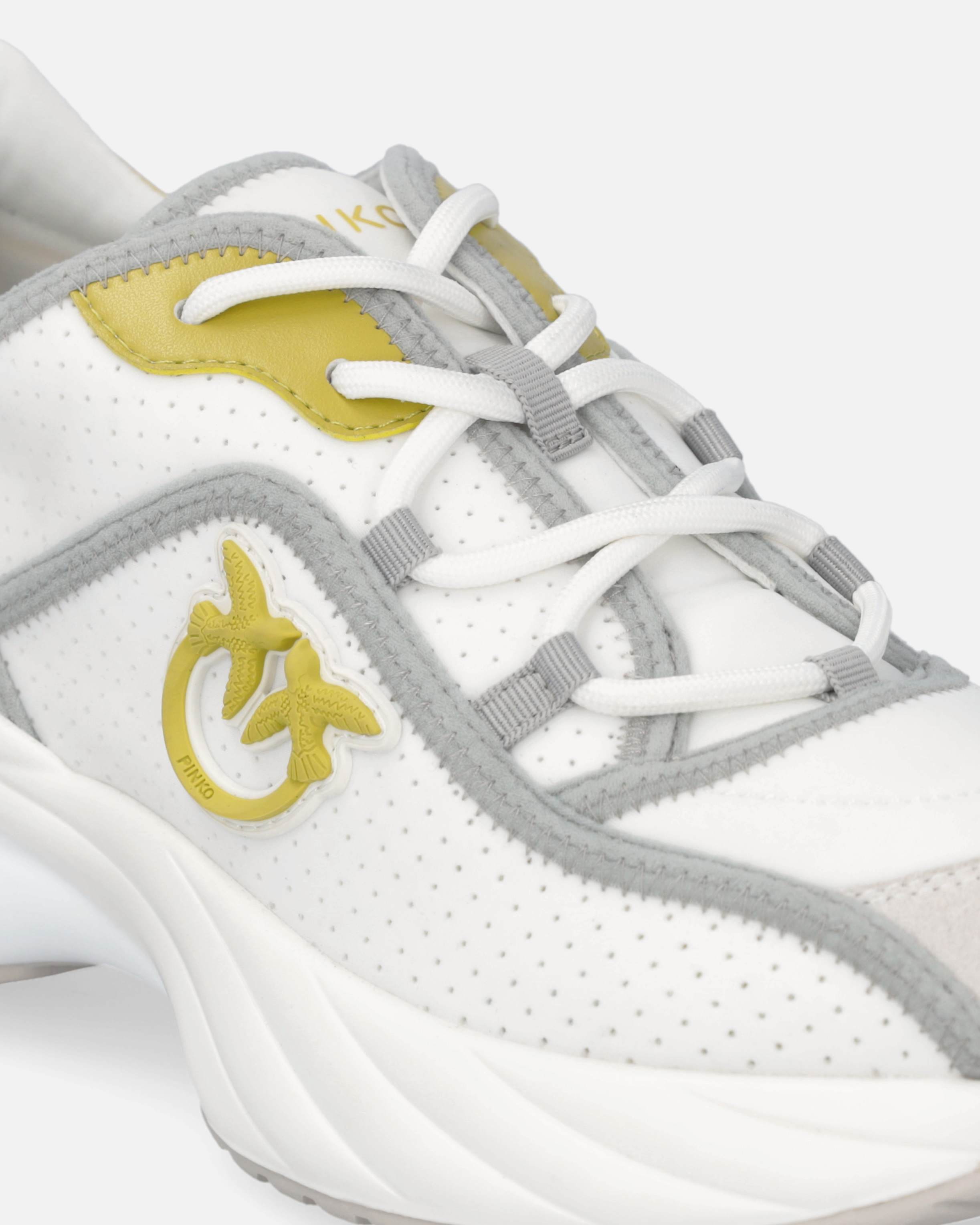 Pinko Perforated Ariel Sneakers With Bird Logo In Off White/lime