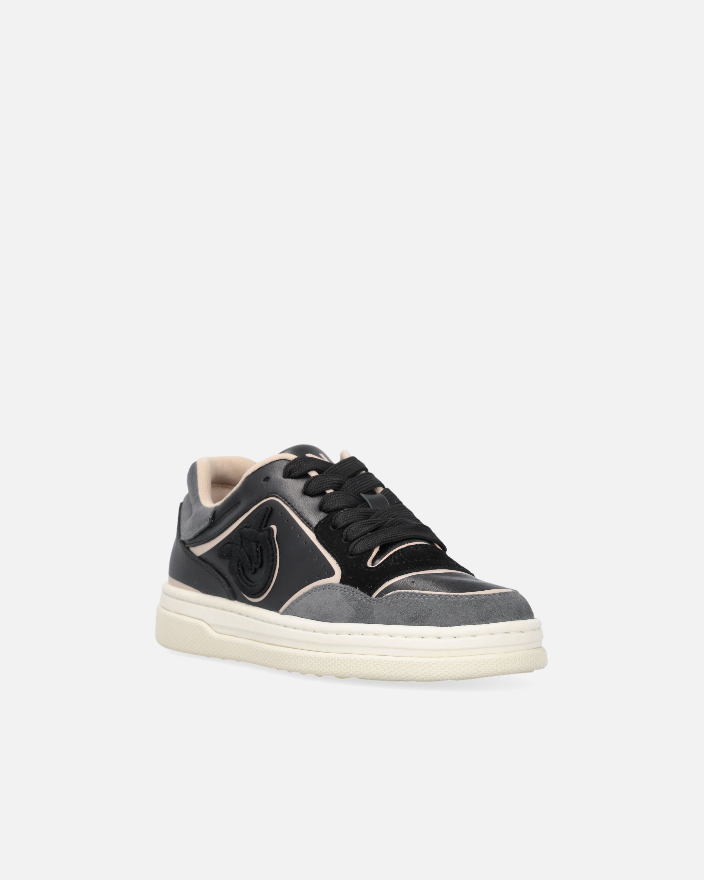 Pinko Flat Leather Sneakers With Embroidered Logo In Multi. Noir/chair