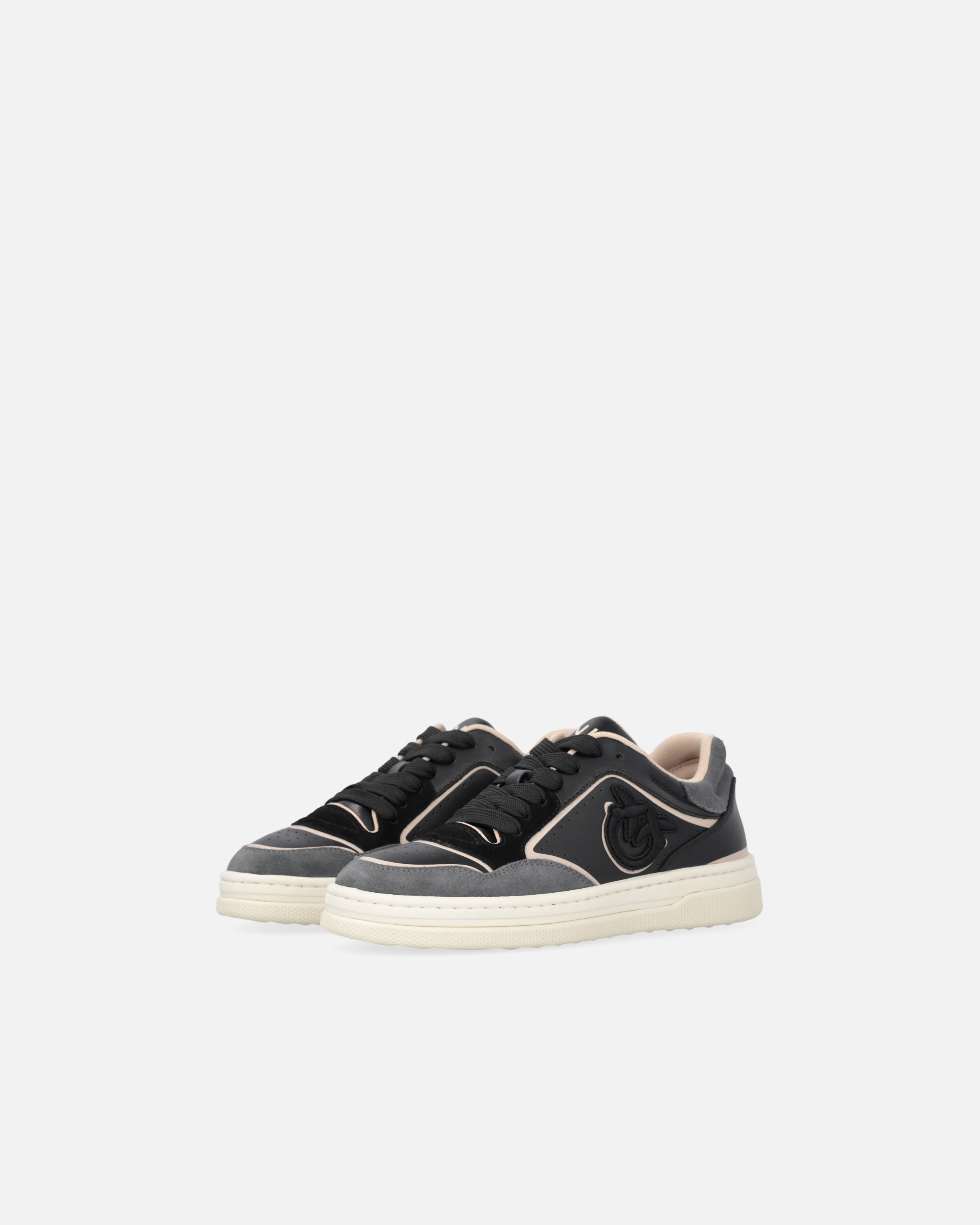 Pinko Flat Leather Sneakers With Embroidered Logo In Multi. Noir/chair