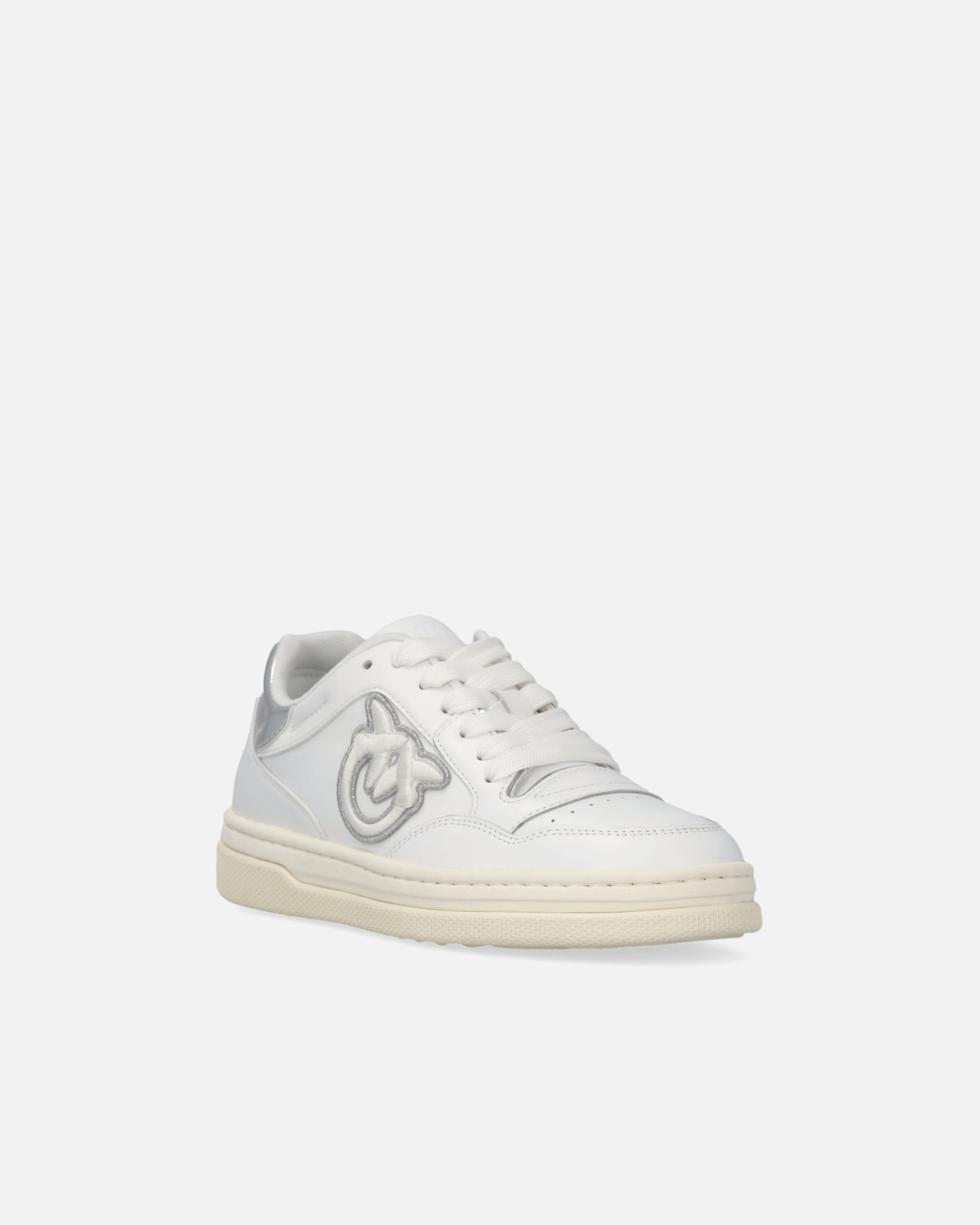 Pinko Leather Tennis Shoes With Metallic Details In Bianco/argento