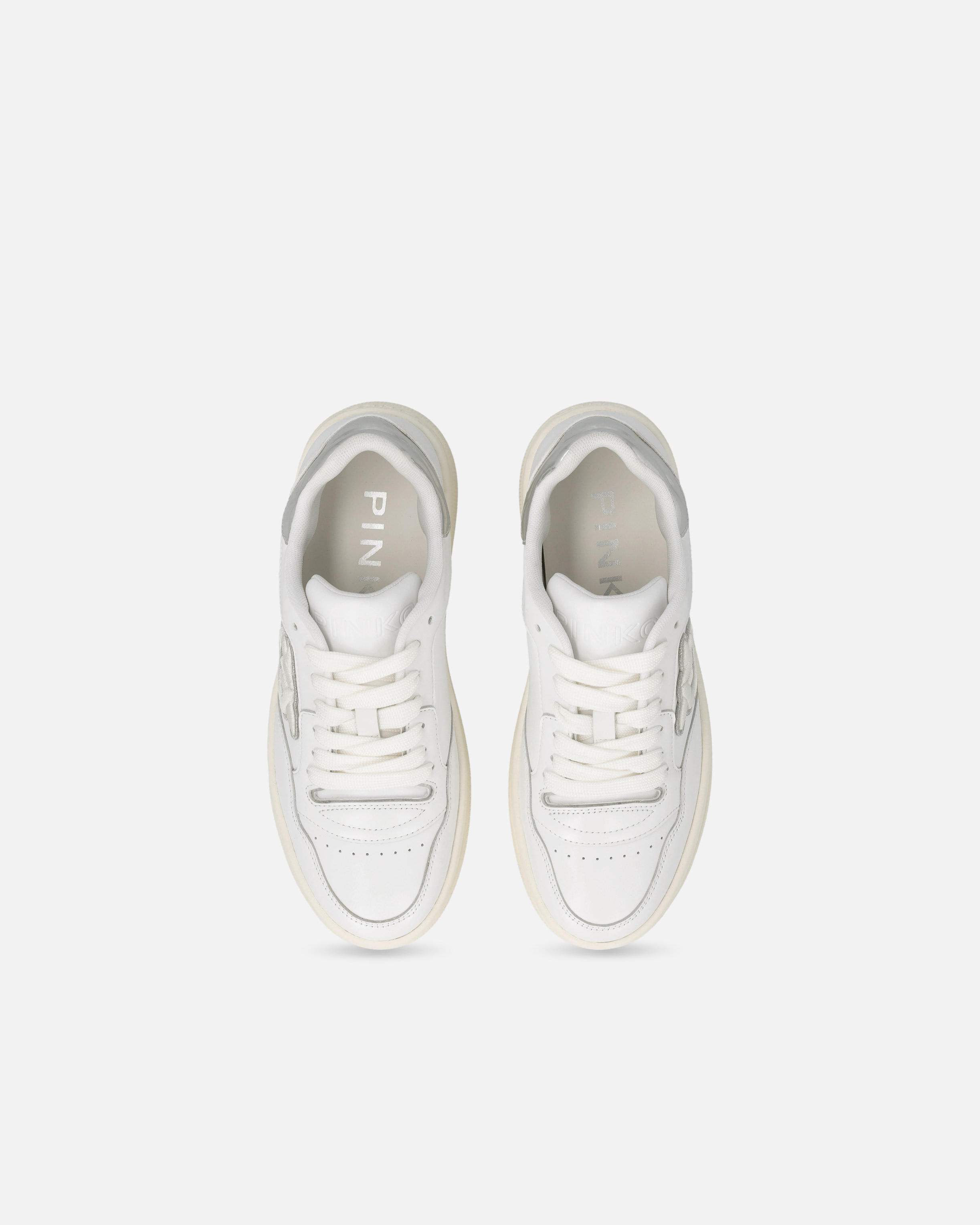 Pinko Leather Tennis Shoes With Metallic Details In Bianco/argento
