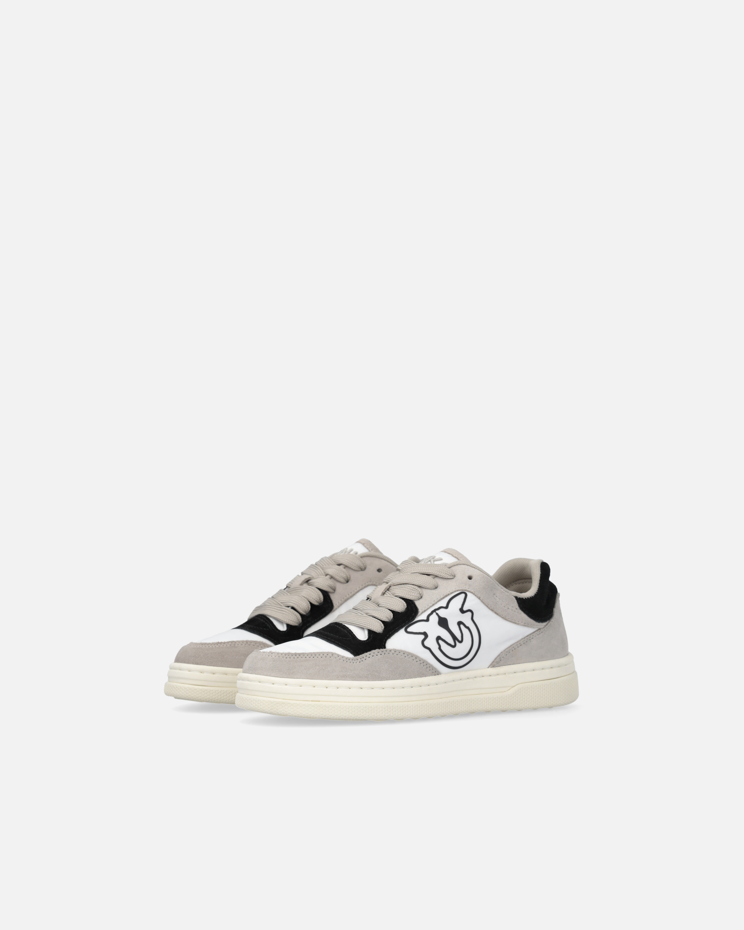 Pinko Flat Leather Sneakers With Contrasting Logo In Sand/black/grey