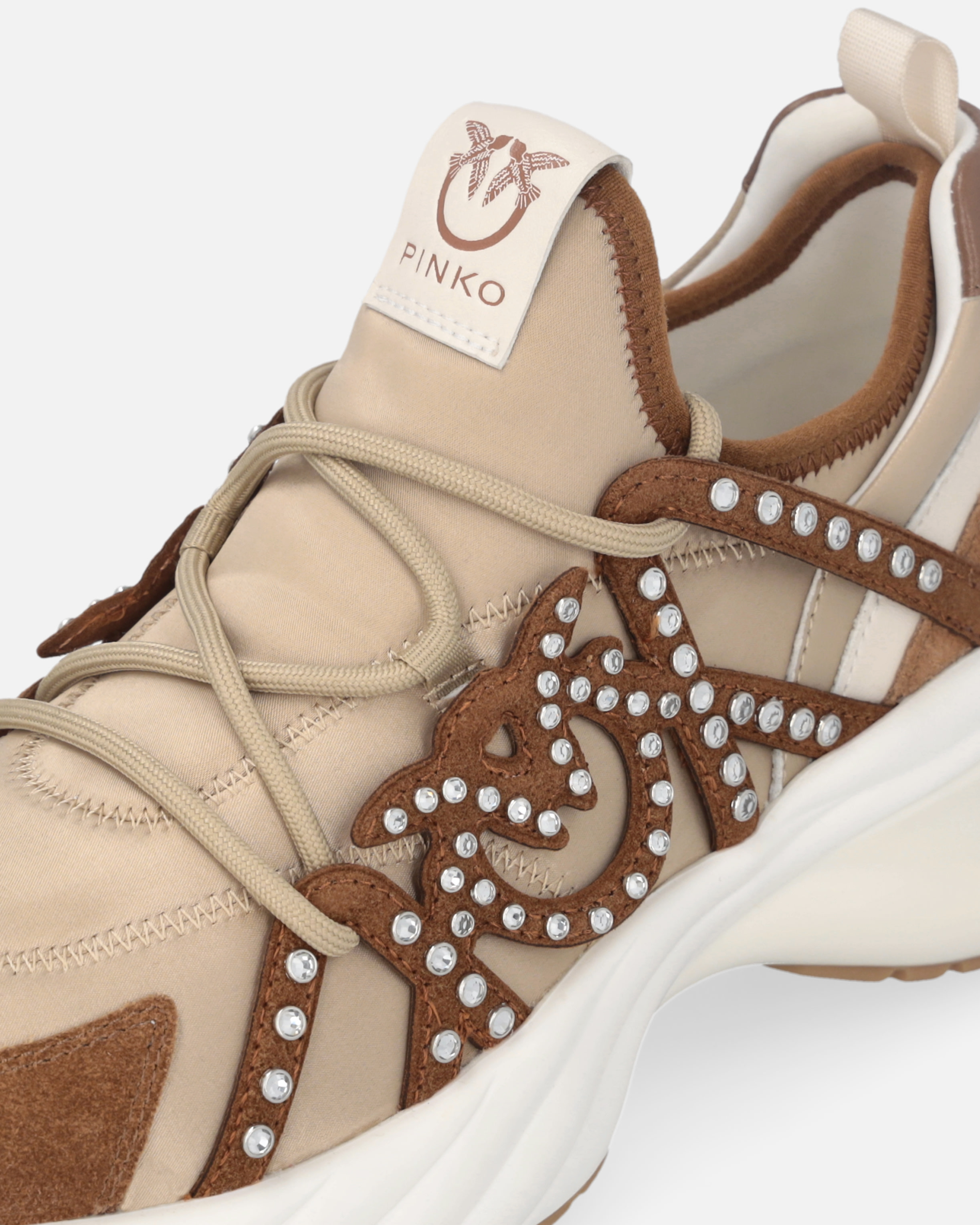 Pinko Ariel Sneakers With Laces And Rhinestones In Rope Beige