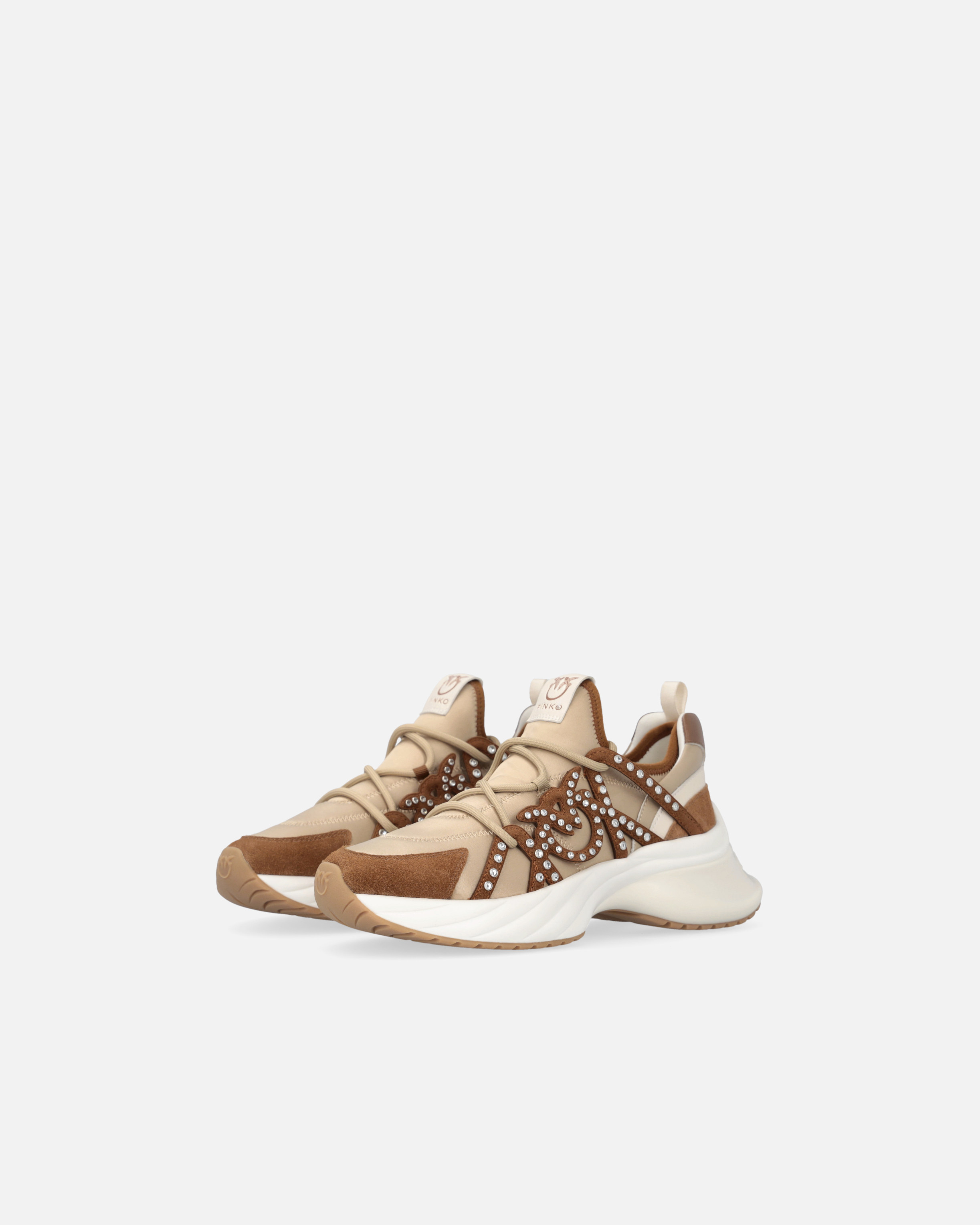 Pinko Ariel Sneakers With Laces And Rhinestones In Rope Beige