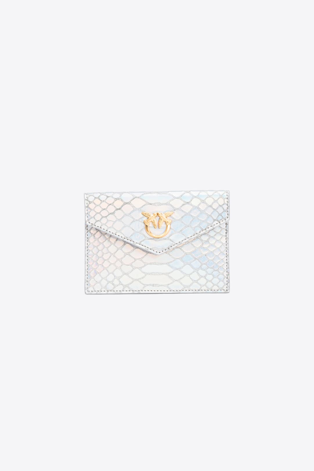 PINKO Galleria flat card holder in holographic silver reptile skin