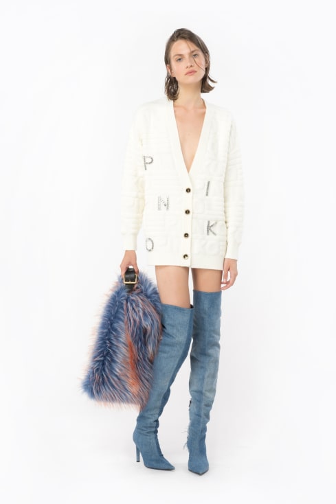 PINKO: monogram cardigan in mohair blend - Beige