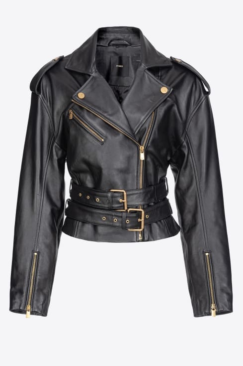 Leather biker jacket with mini monogram print