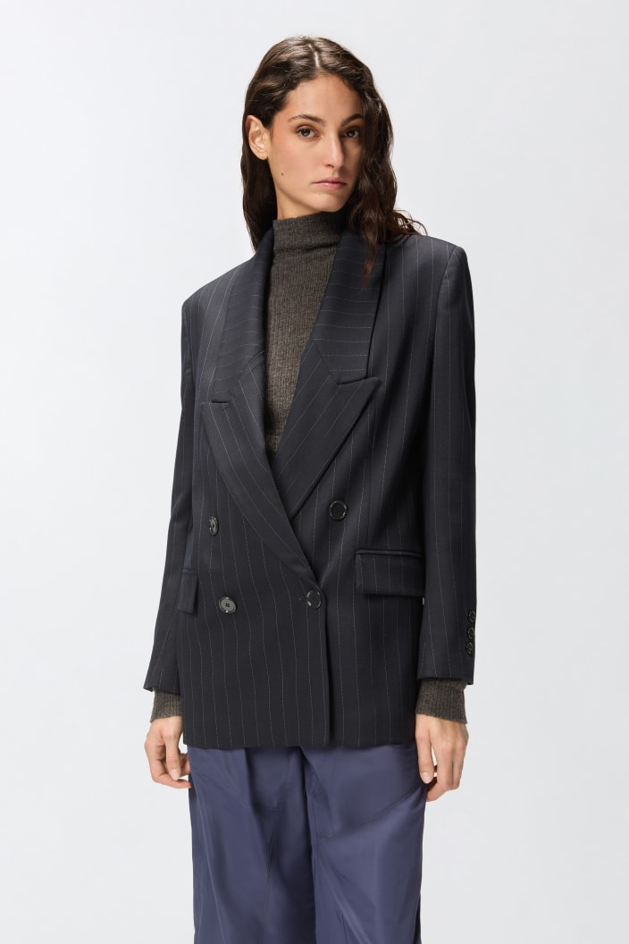 Blazer Gessato Doppiopetto In Lana
