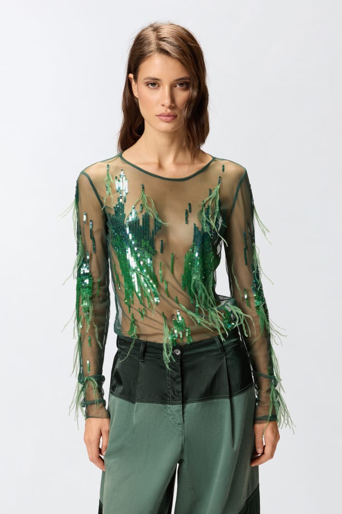 Transparenter Pullover Mit Pailletten Und Federn