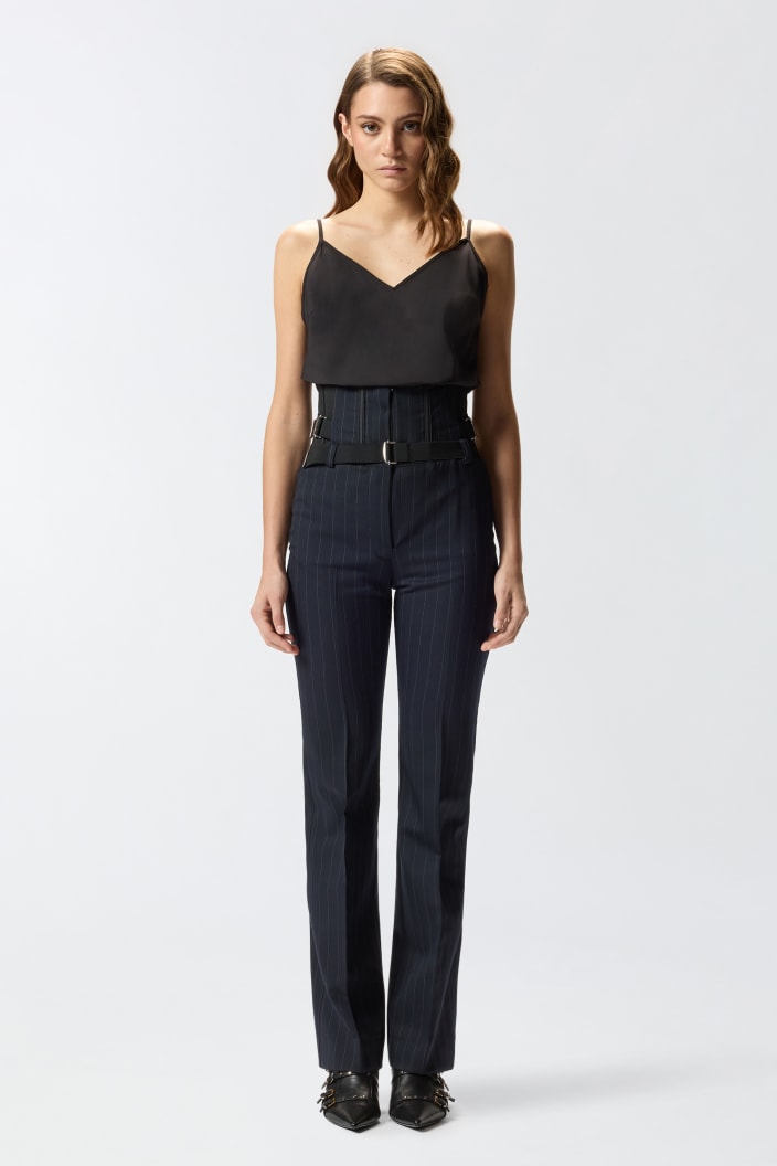 细条纹羊毛束身裤