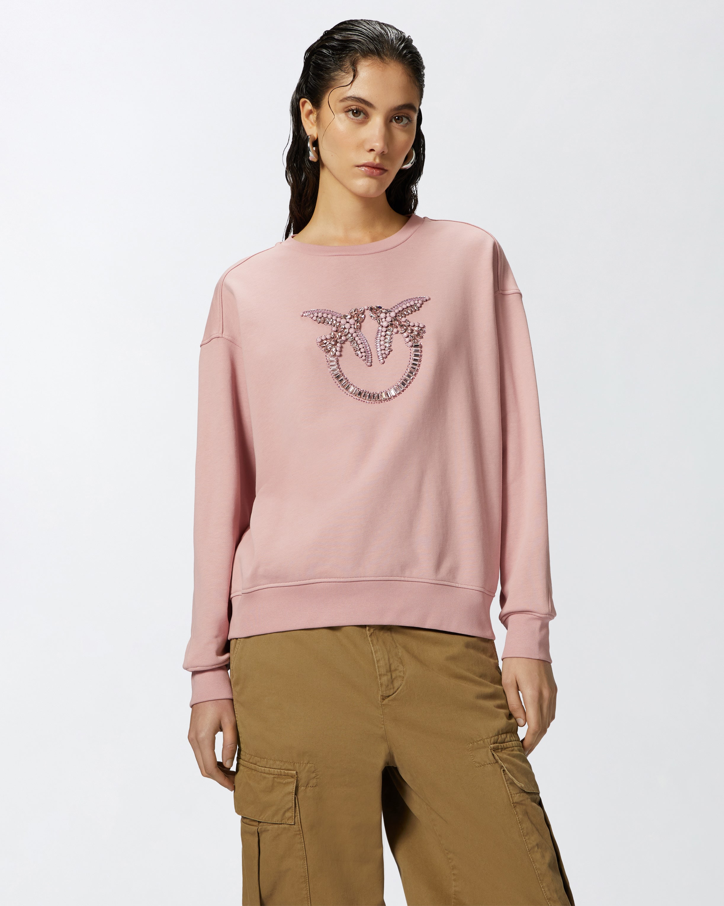 Crew neck sweatshirt with Love Birds jewel embroidery PINKO Shop Online