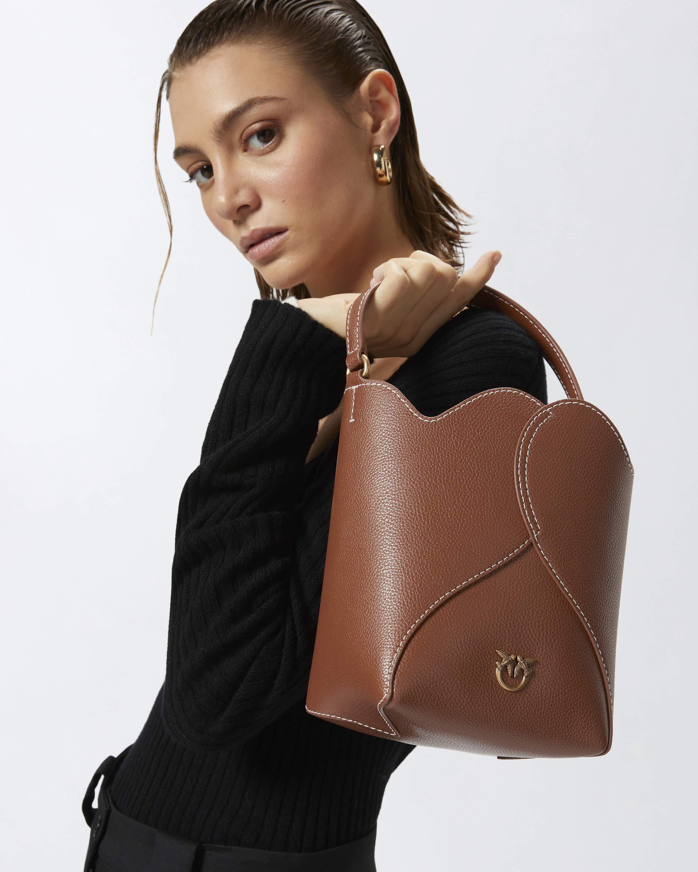 Heart mini leather bucket bag with shoulder strap PINKO Shop Online