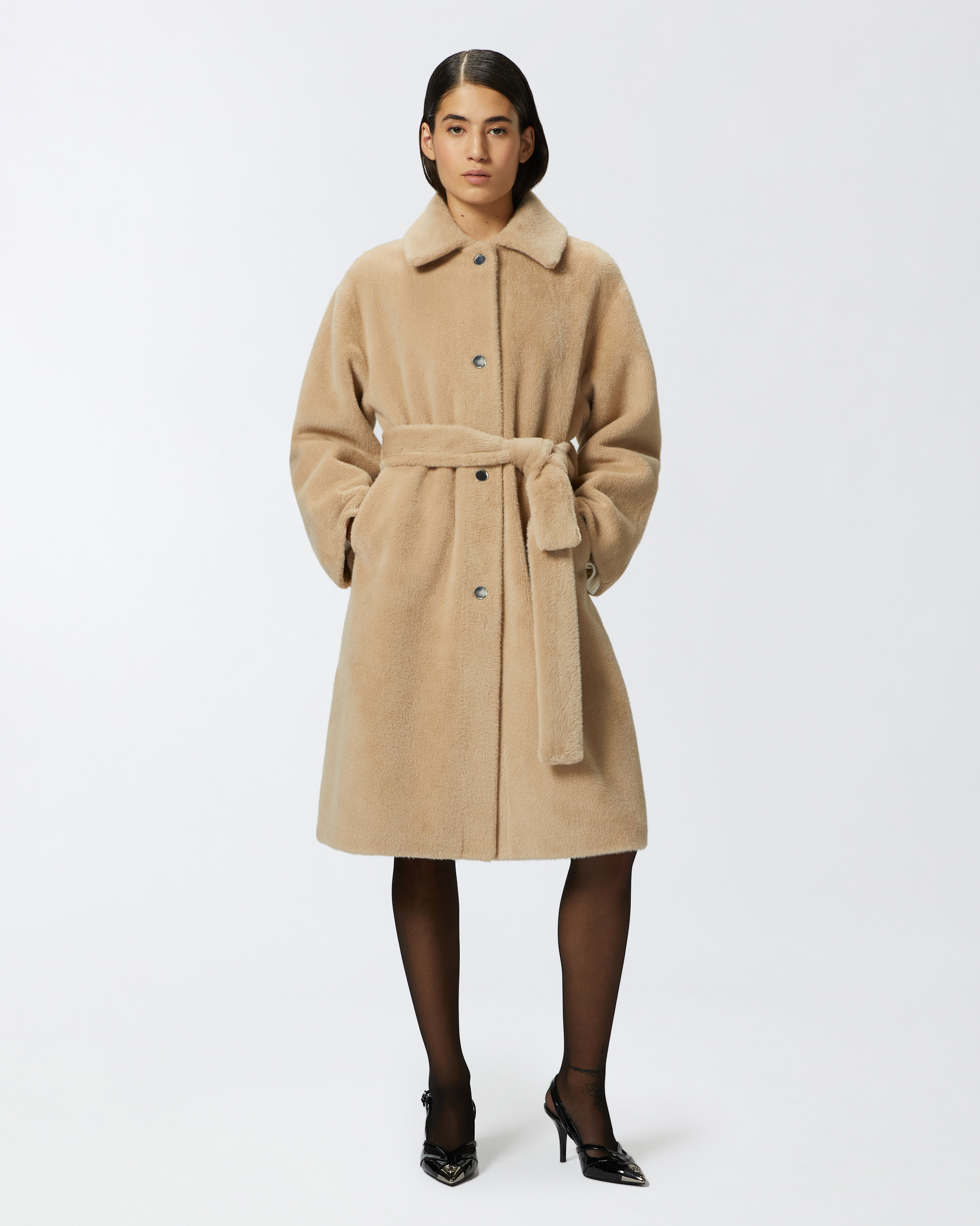 Short fur-effect coat with belt PINKO → Shop Online Short fur-effect coat with belt PINKO → Shop Online
