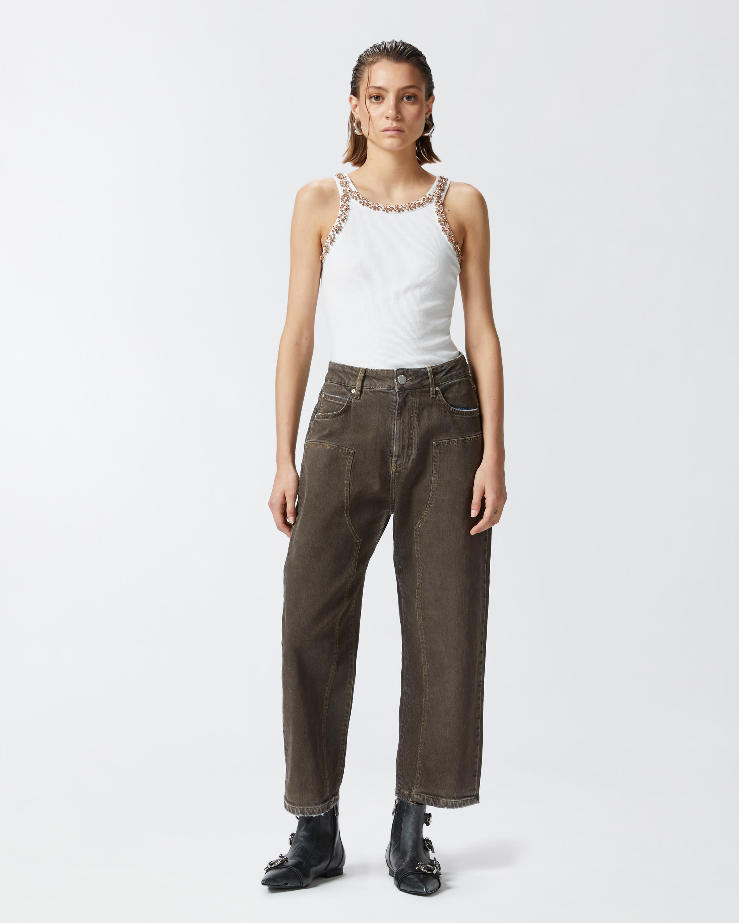Jeans larghi in denim spray marrone PINKO