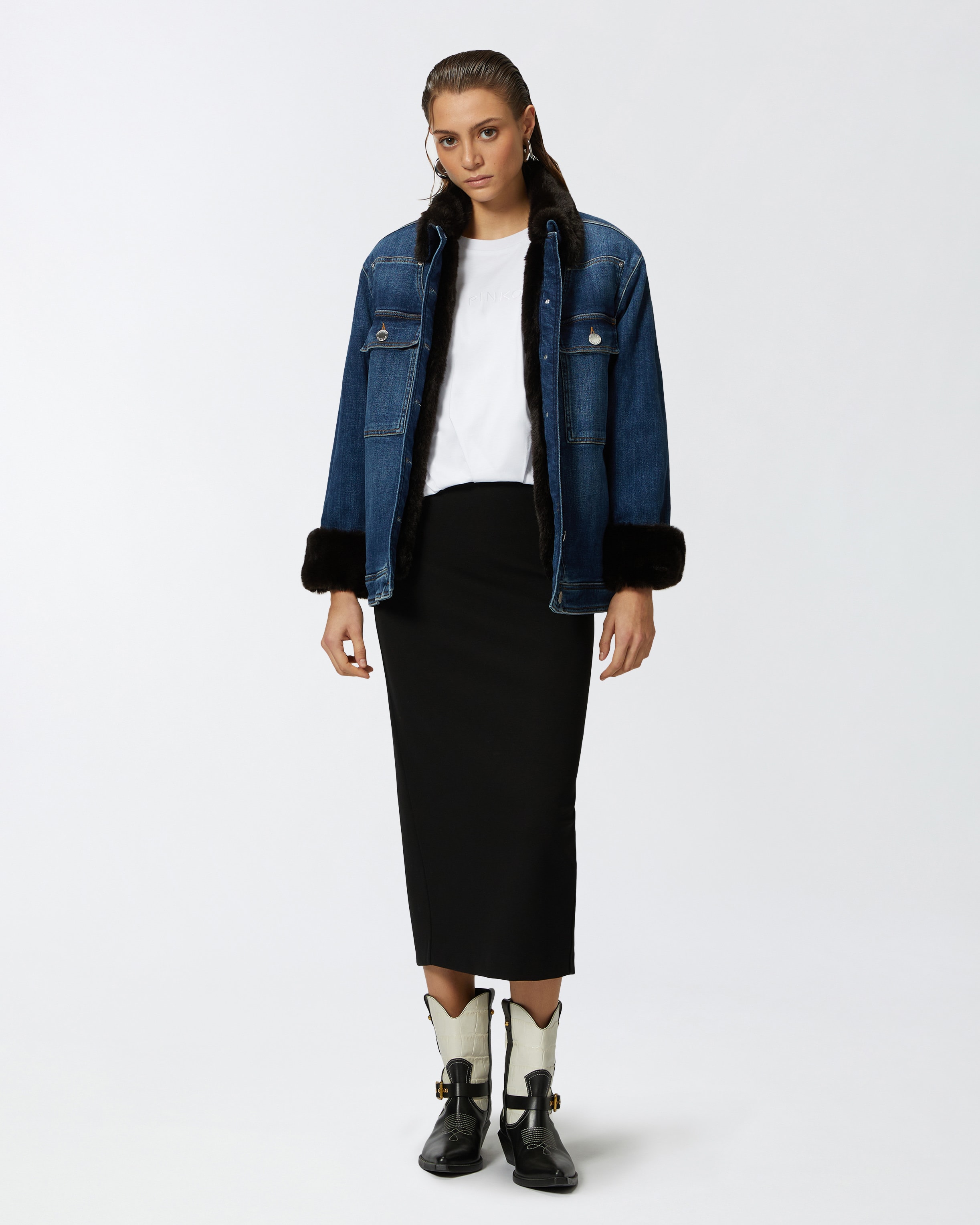 Sobrecamisa vaquera azul con cuello efecto piel PINKO Compra en linea