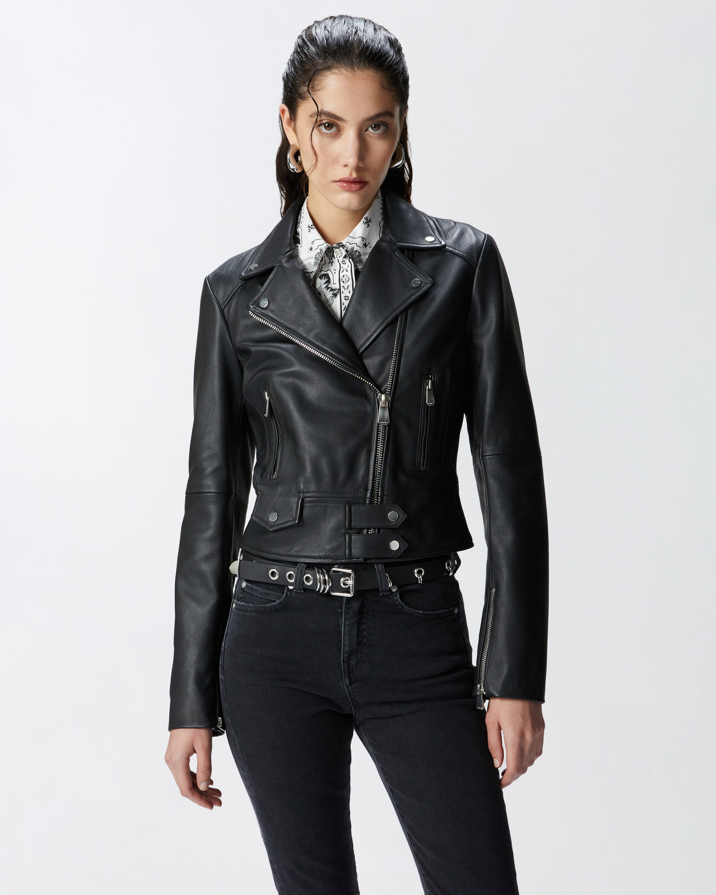 Short zipped nappa leather biker jacket PINKO Shop Online