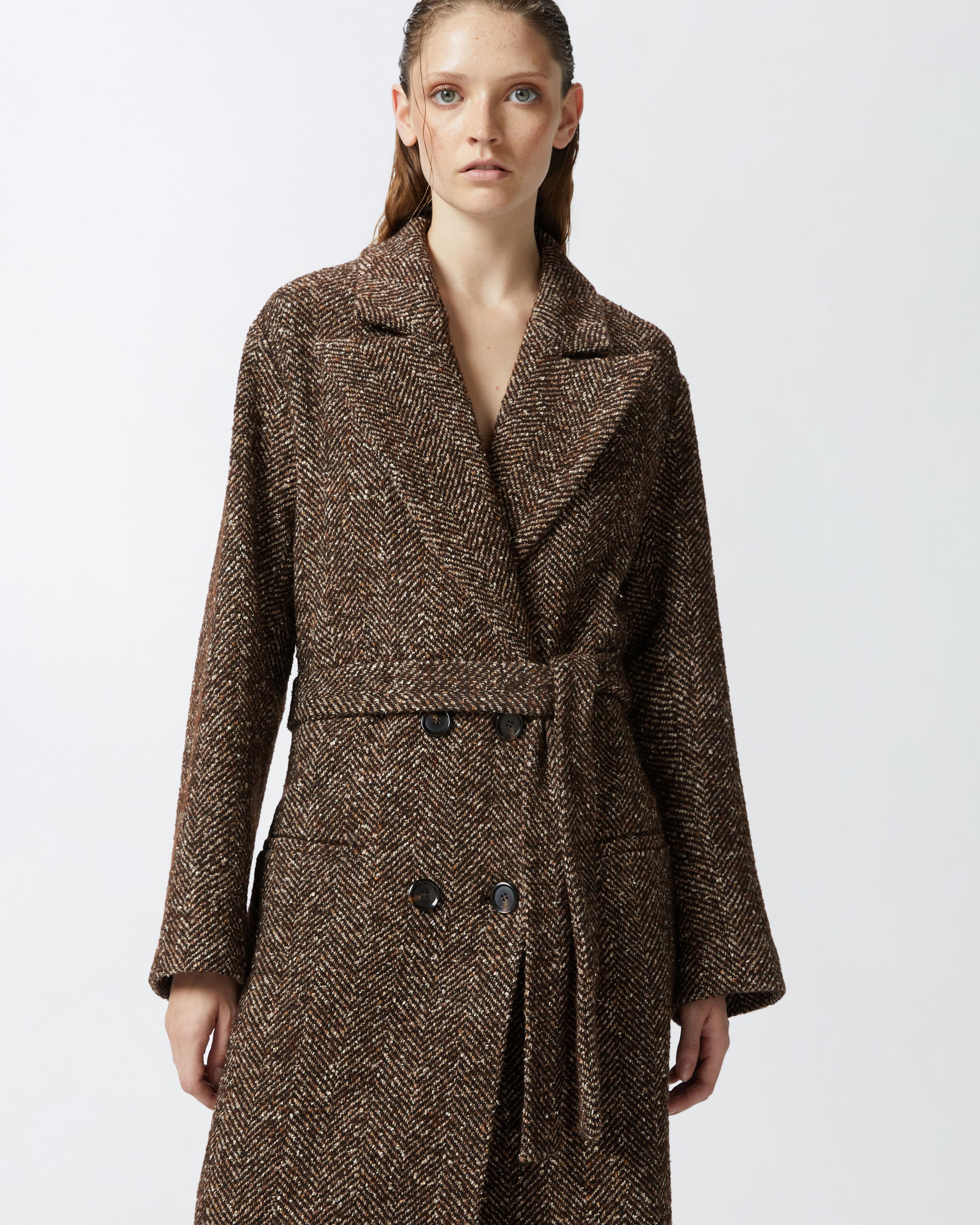 Long herringbone coat with belt PINKO → Shop Online Long herringbone coat with belt PINKO → Shop Online