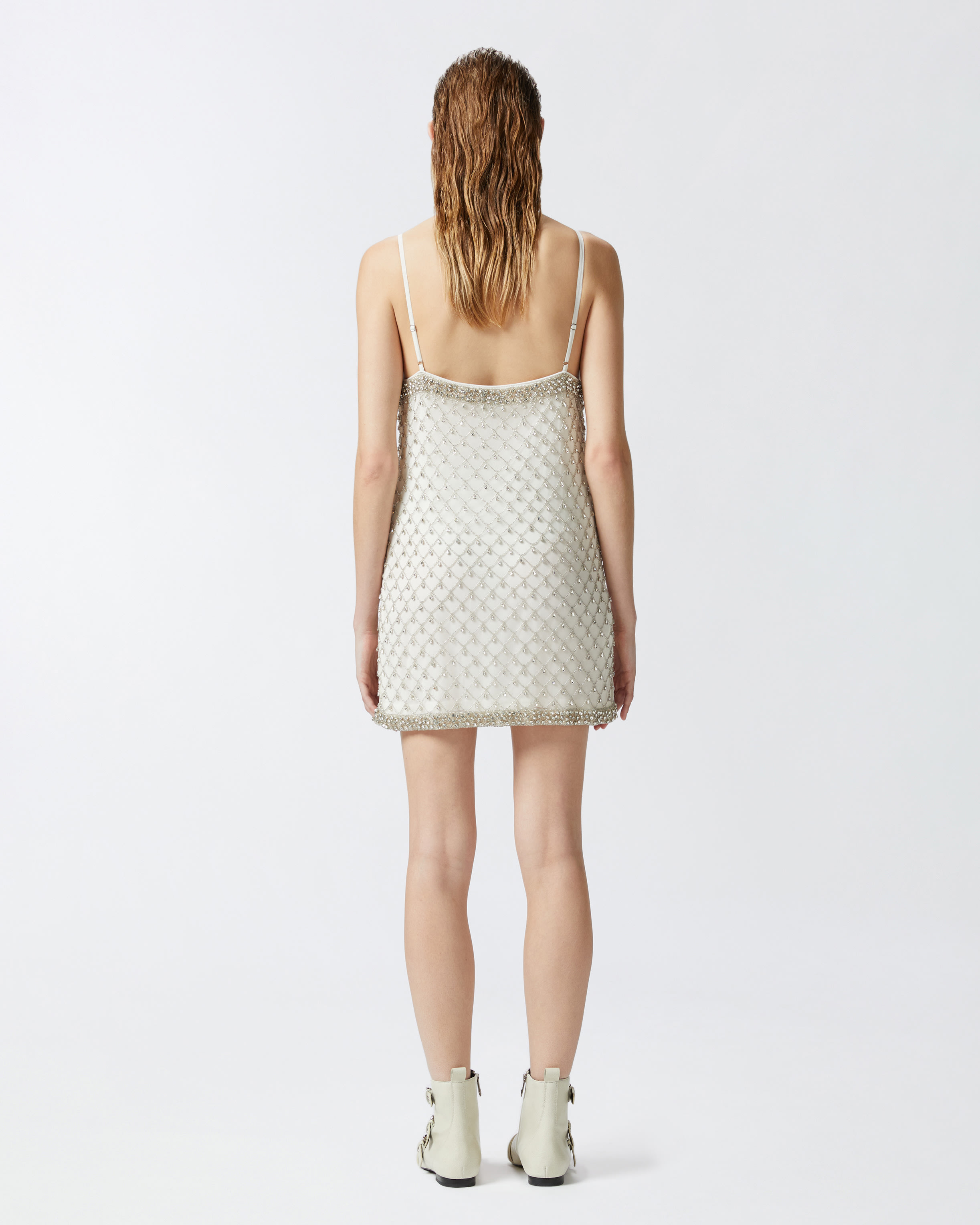 Mini dress with spaghetti straps and crystal mesh embroidery Mini dress with spaghetti straps and crystal mesh embroidery
