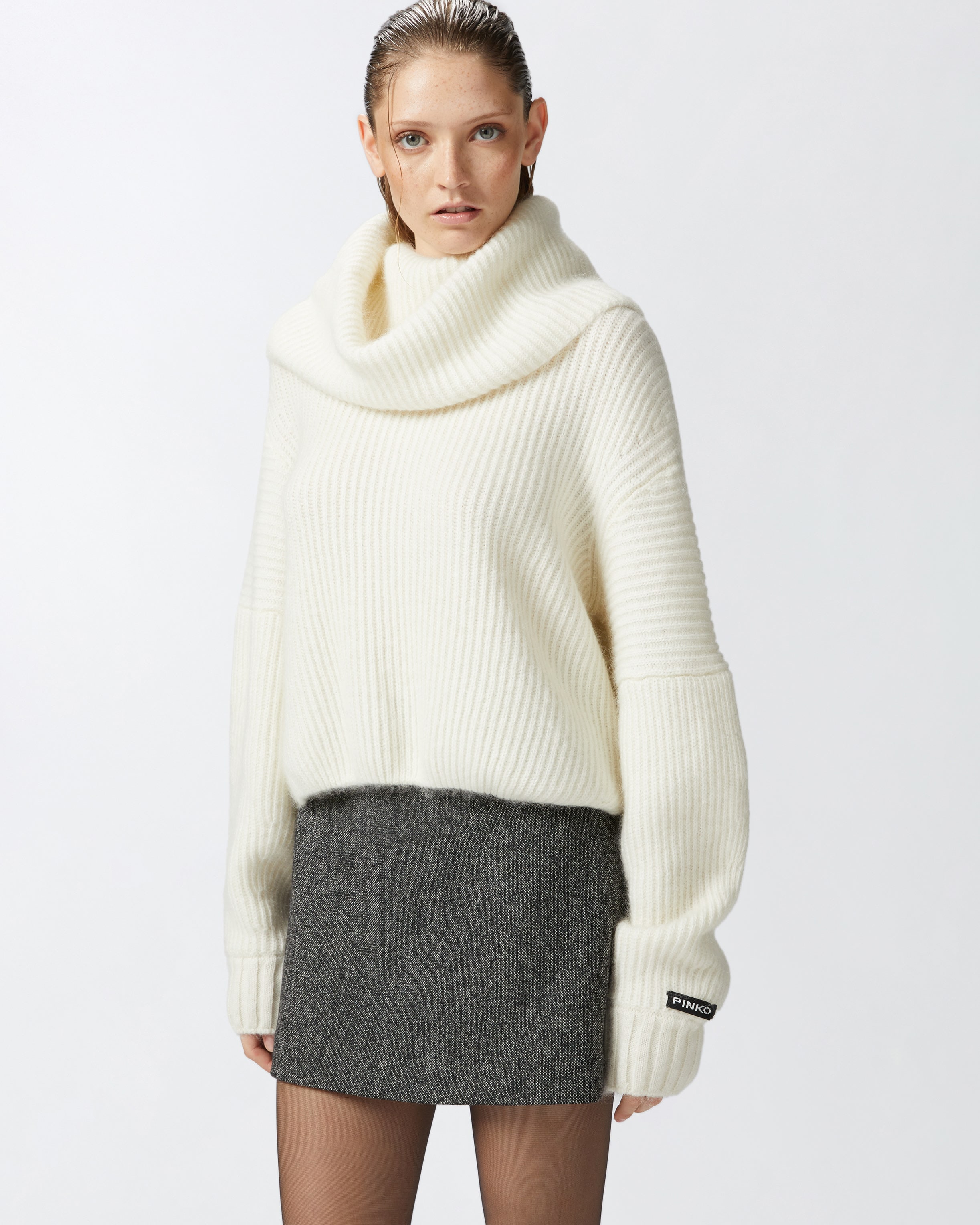 Ribbed pullover with large fold-over neck PINKO → Shop Online Ribbed pullover with large fold-over neck PINKO → Shop Online