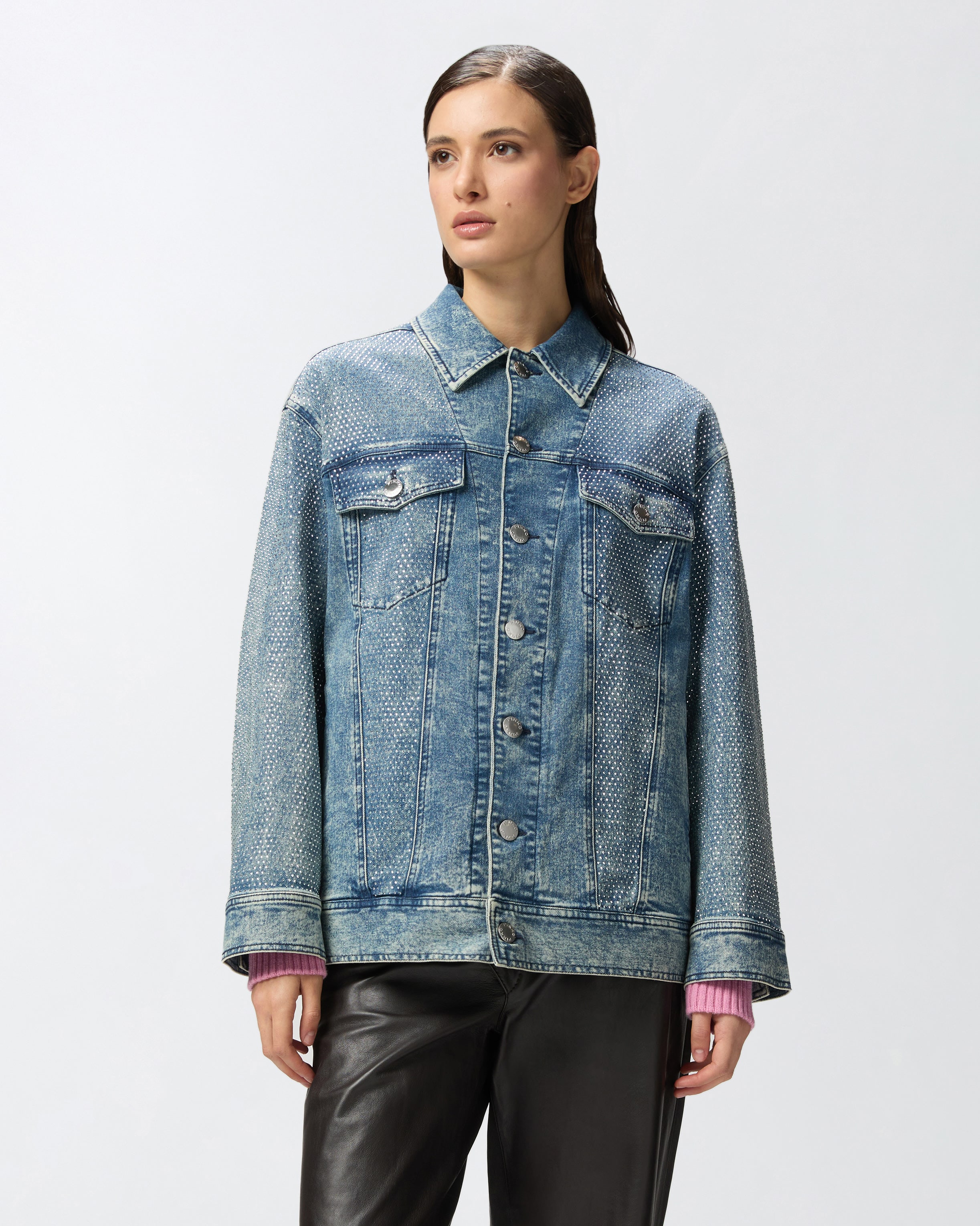 Denim Jacket with Rhinestones and Studs PINKO → Shop Online Denim Jacket with Rhinestones and Studs PINKO → Shop Online
