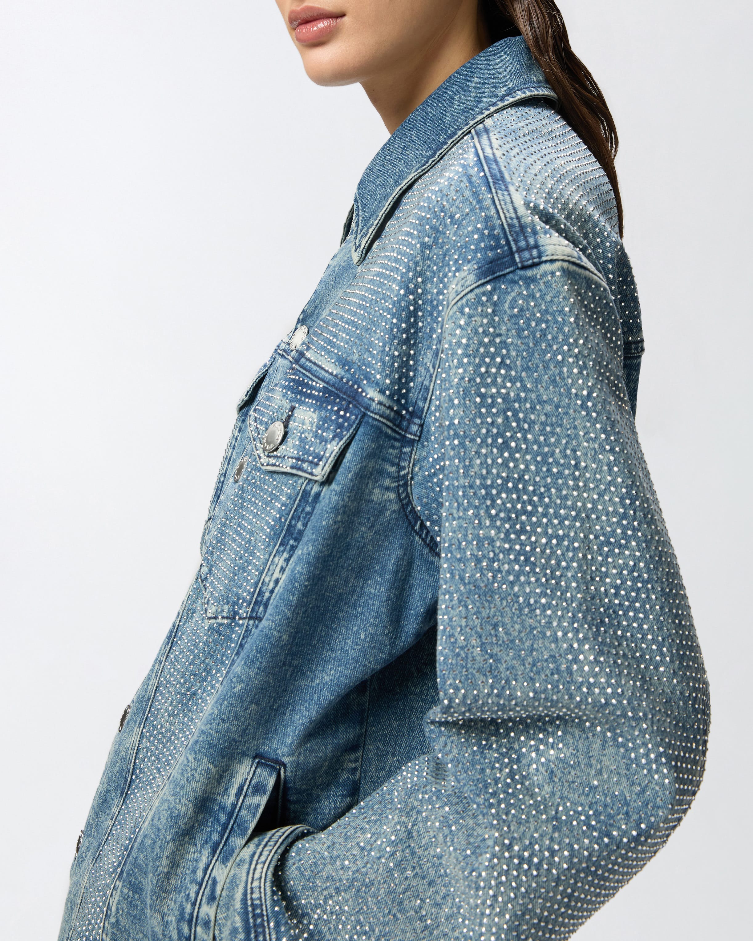 Denim Jacket with Rhinestones and Studs PINKO → Shop Online
