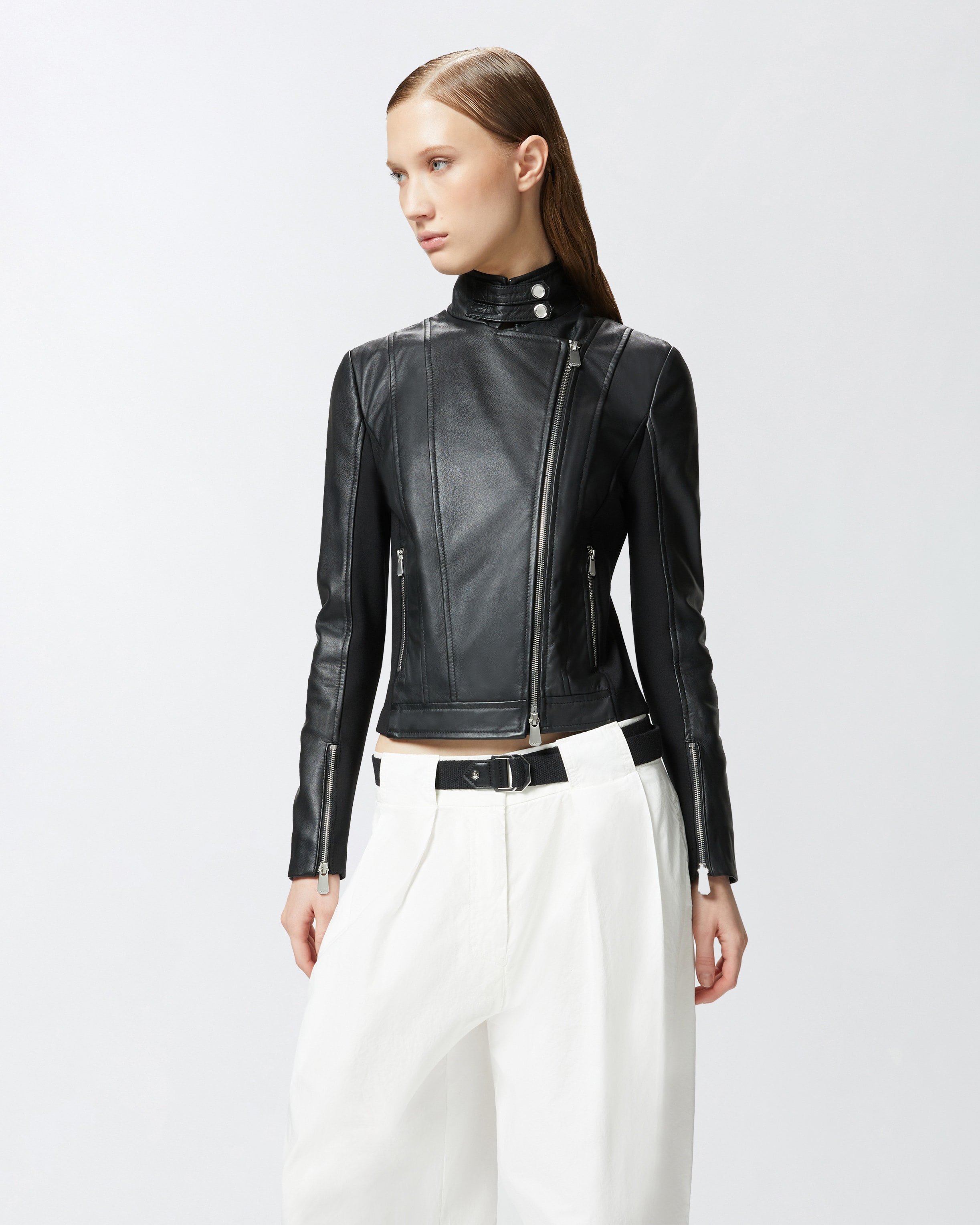 Leather biker jacket with fabric back PINKO → Shop Online