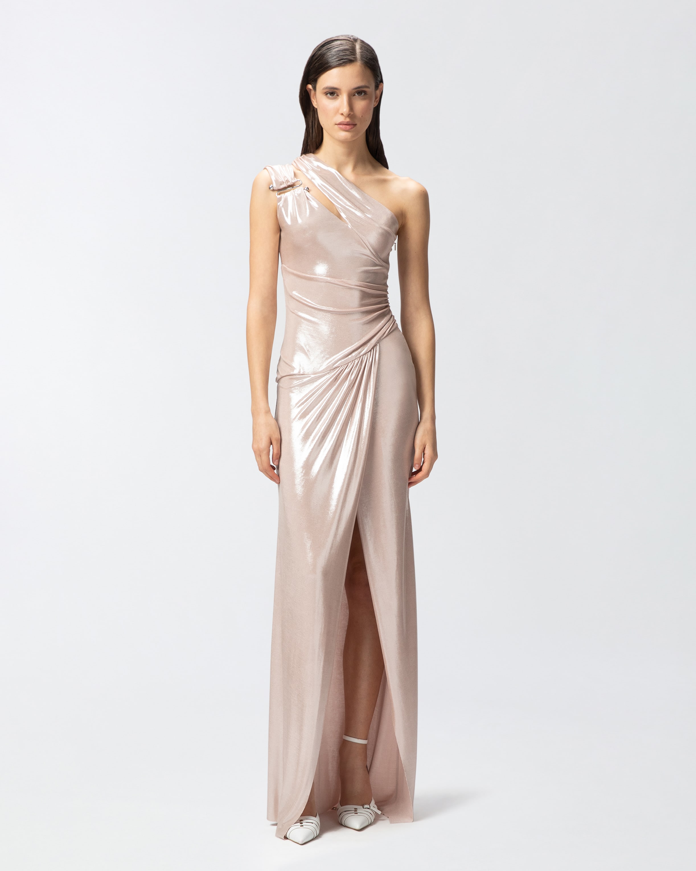 Elegant, laminated one-shoulder dress with slit PINKO