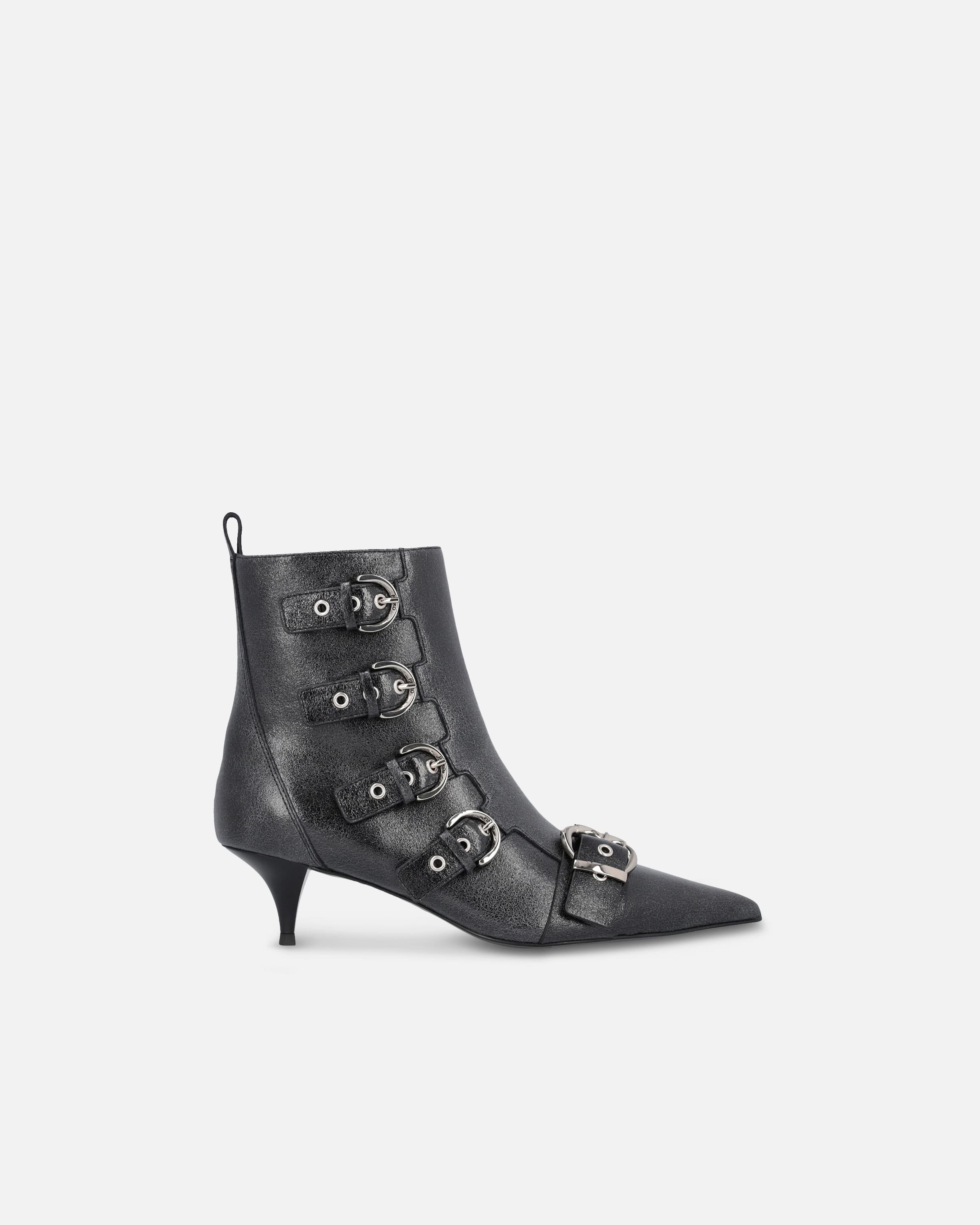 Pointed toe leather ankle boots with heel and buckles