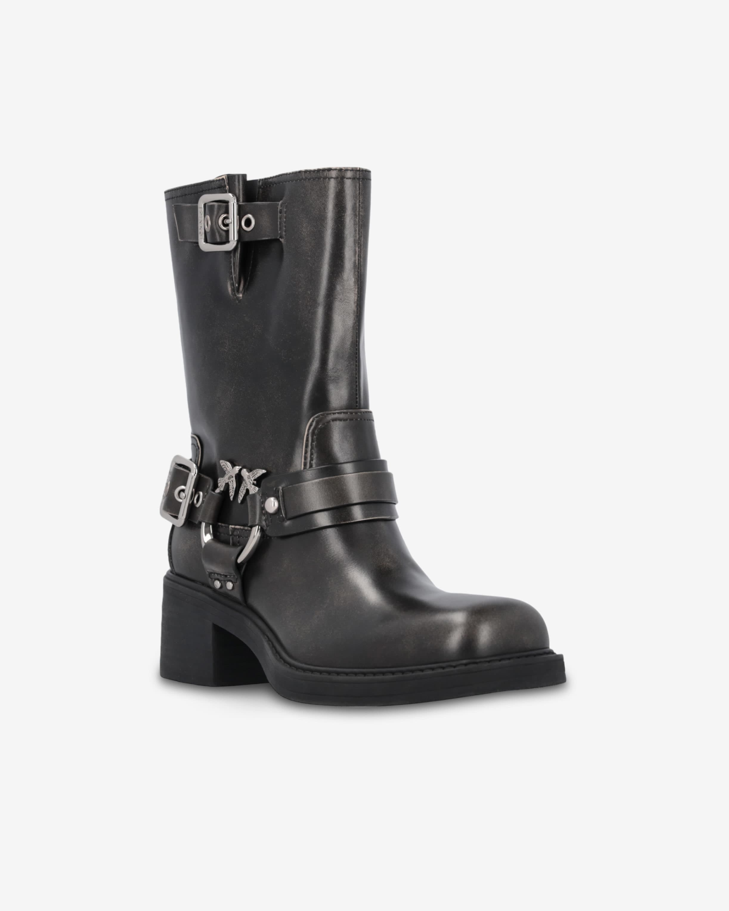 Calf-high leather biker boots with buckles PINKO → Shop Online Calf-high leather biker boots with buckles PINKO → Shop Online